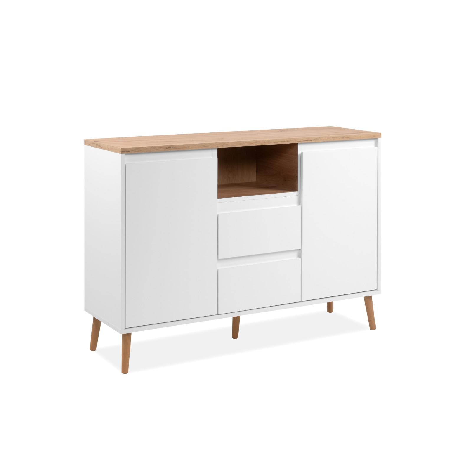 Madia 120x85h cm top effetto rovere con 2 ante e 2 cassetti in legno bianco - Jaydence