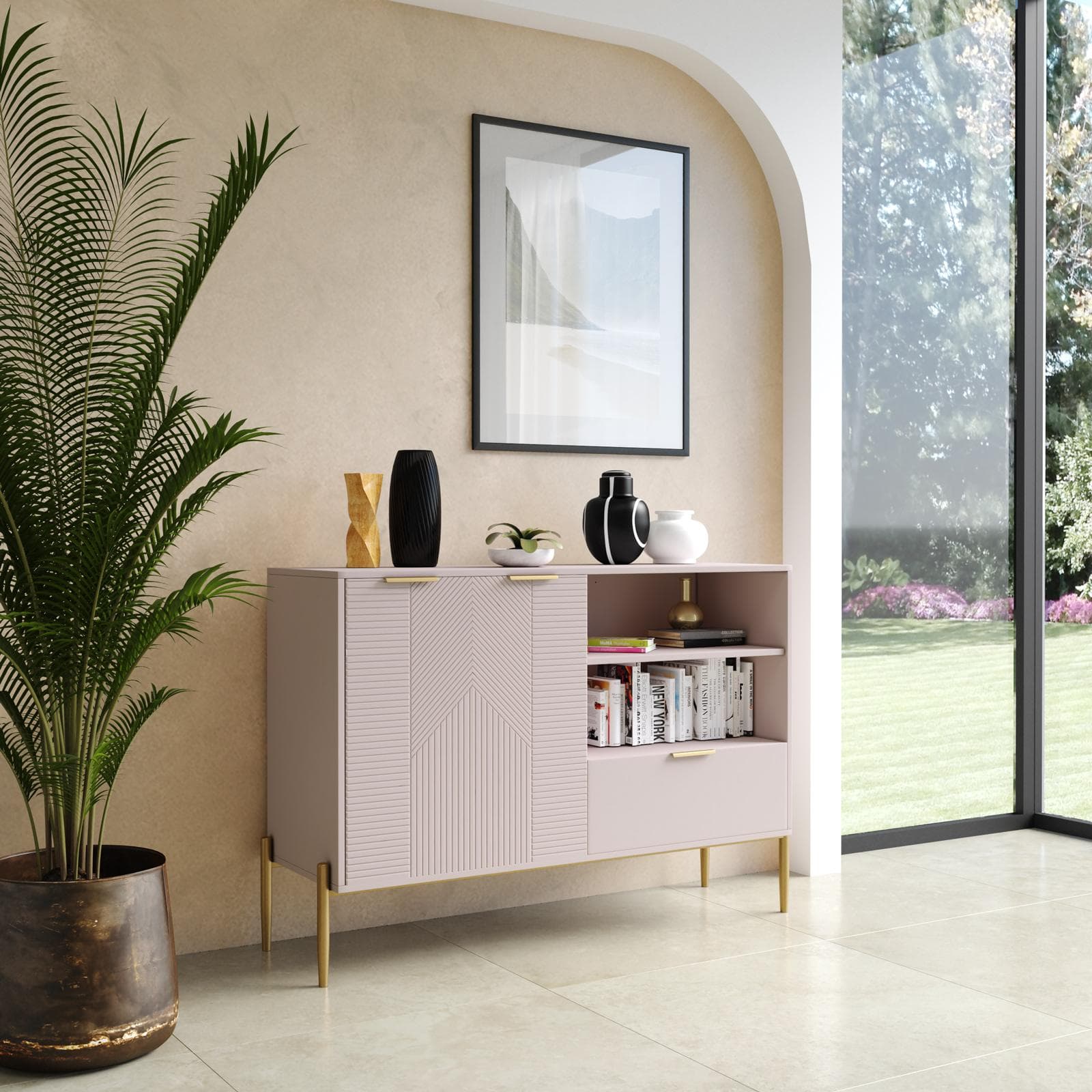 Madia 125x86h cm con 2 ante e 1 cassetto cashmere opaco cannettato e gambe oro - Gwyneth