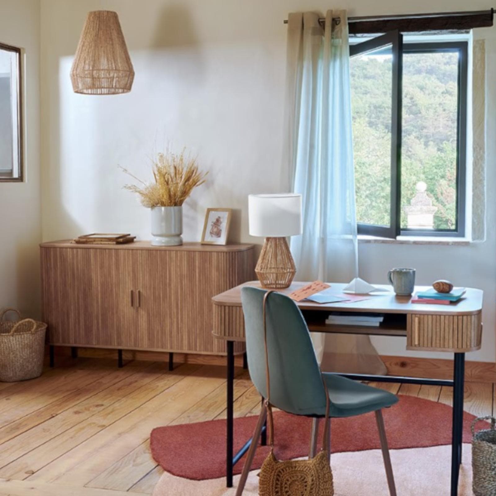 Madia 140x40 cm con 2 ante scorrevoli in legno cannettato - Dhana
