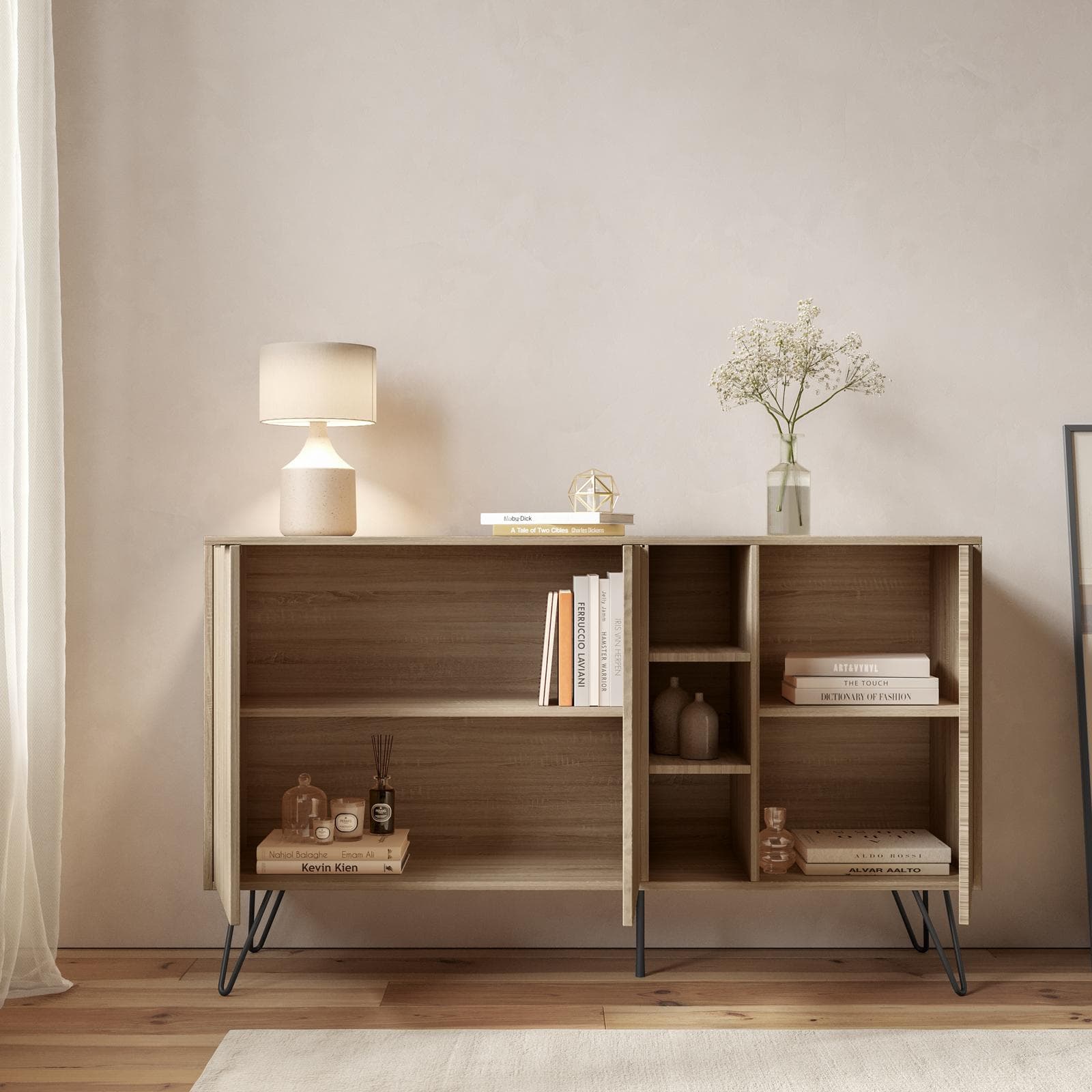 Madia 142x83h cm in legno rovere con 3 ante e vani a giorno - Demat