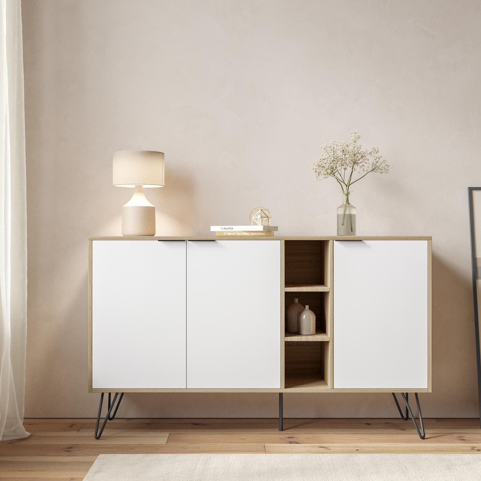Madia 142x83h cm in legno rovere e bianco con 3 ante e vani a giorno - Demat