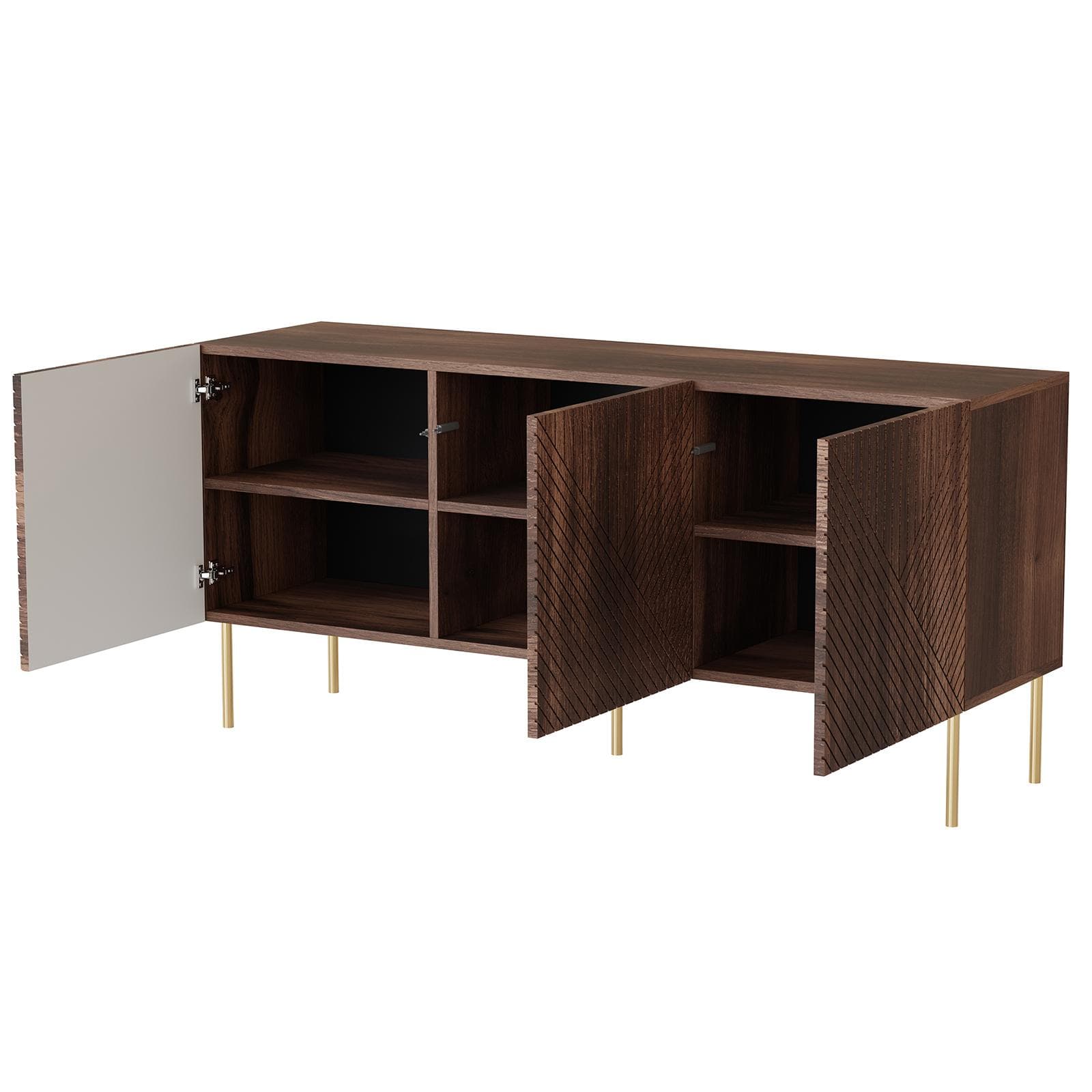 Madia 150x70h cm in legno noce con disegni geometrici e gambe oro - Olsen