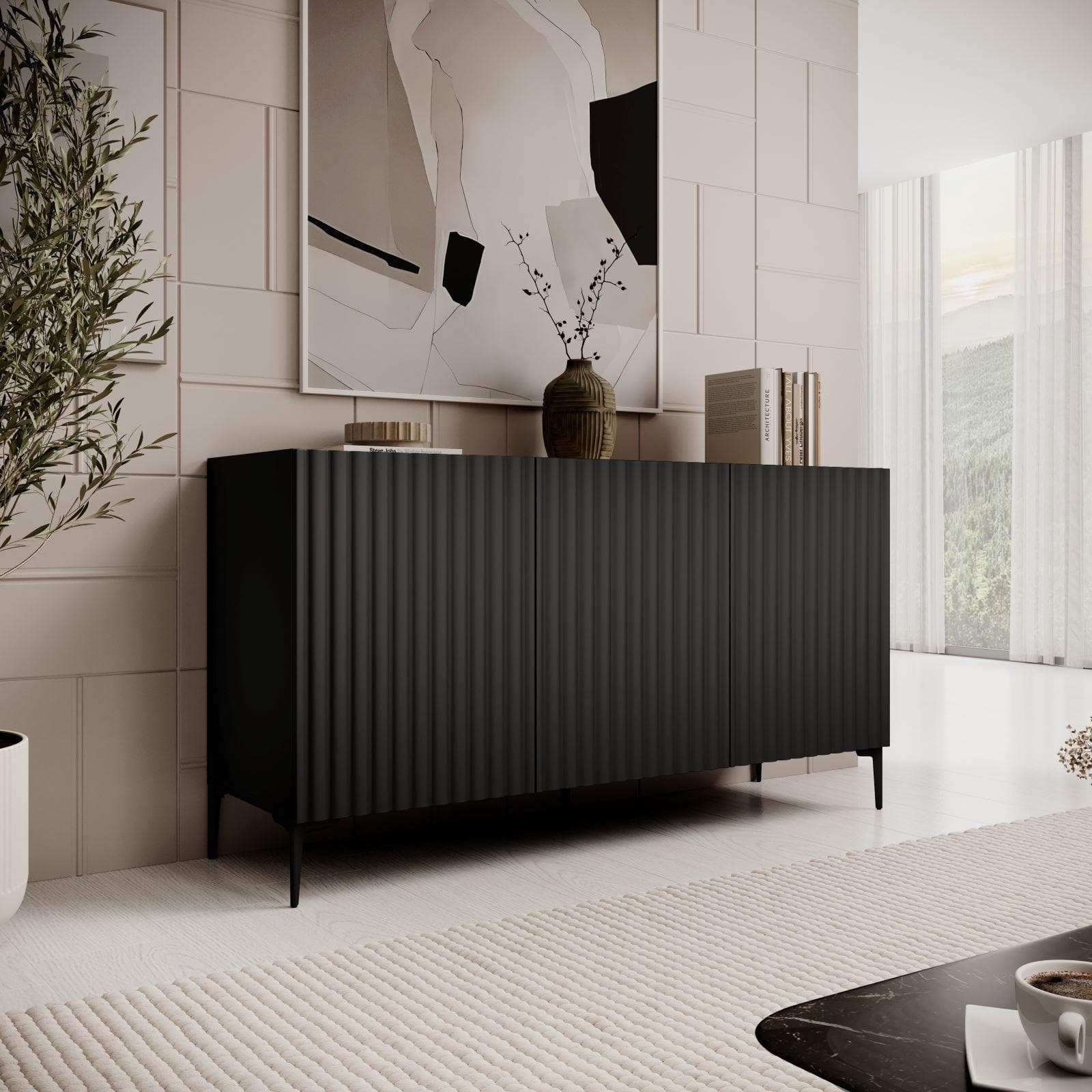 Madia 150x81h cm top effetto rovere e nero cannettato ad onda e con 2 cassetti interni e piedi neri - Isolde