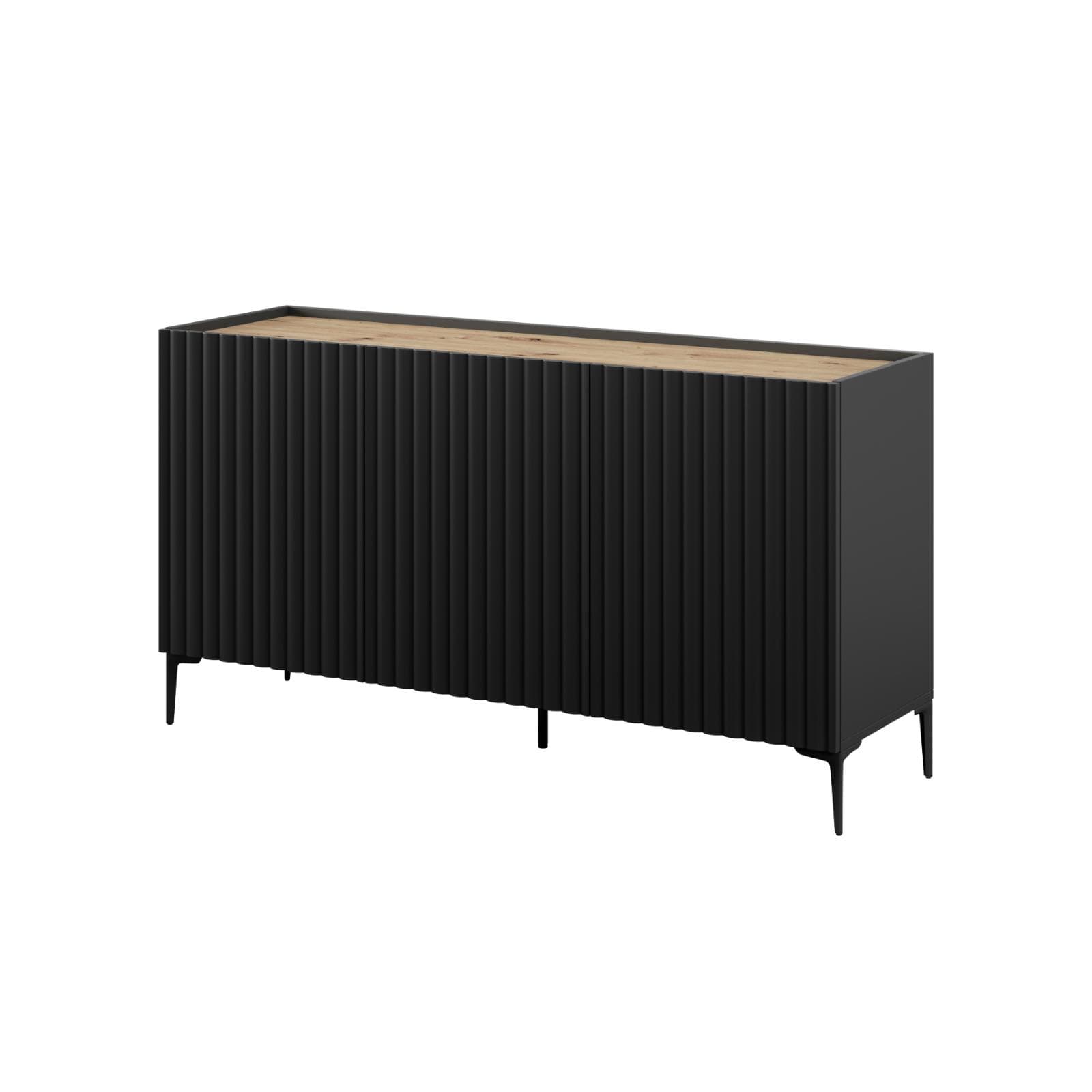 Madia 150x81h cm top effetto rovere e nero cannettato ad onda e con 2 cassetti interni e piedi neri - Isolde