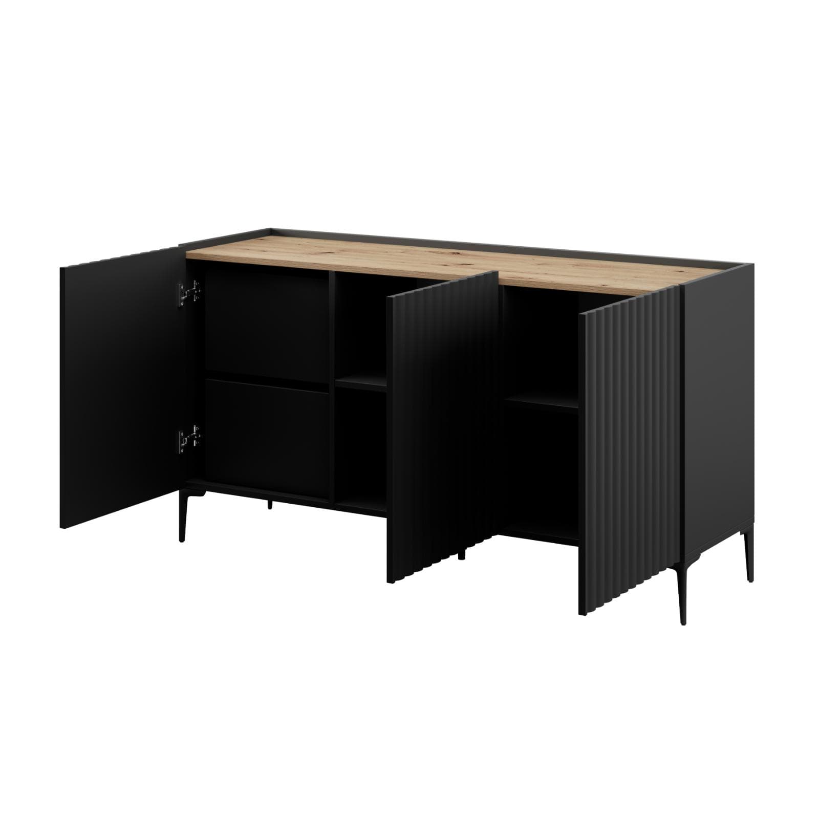 Madia 150x81h cm top effetto rovere e nero cannettato ad onda e con 2 cassetti interni e piedi neri - Isolde