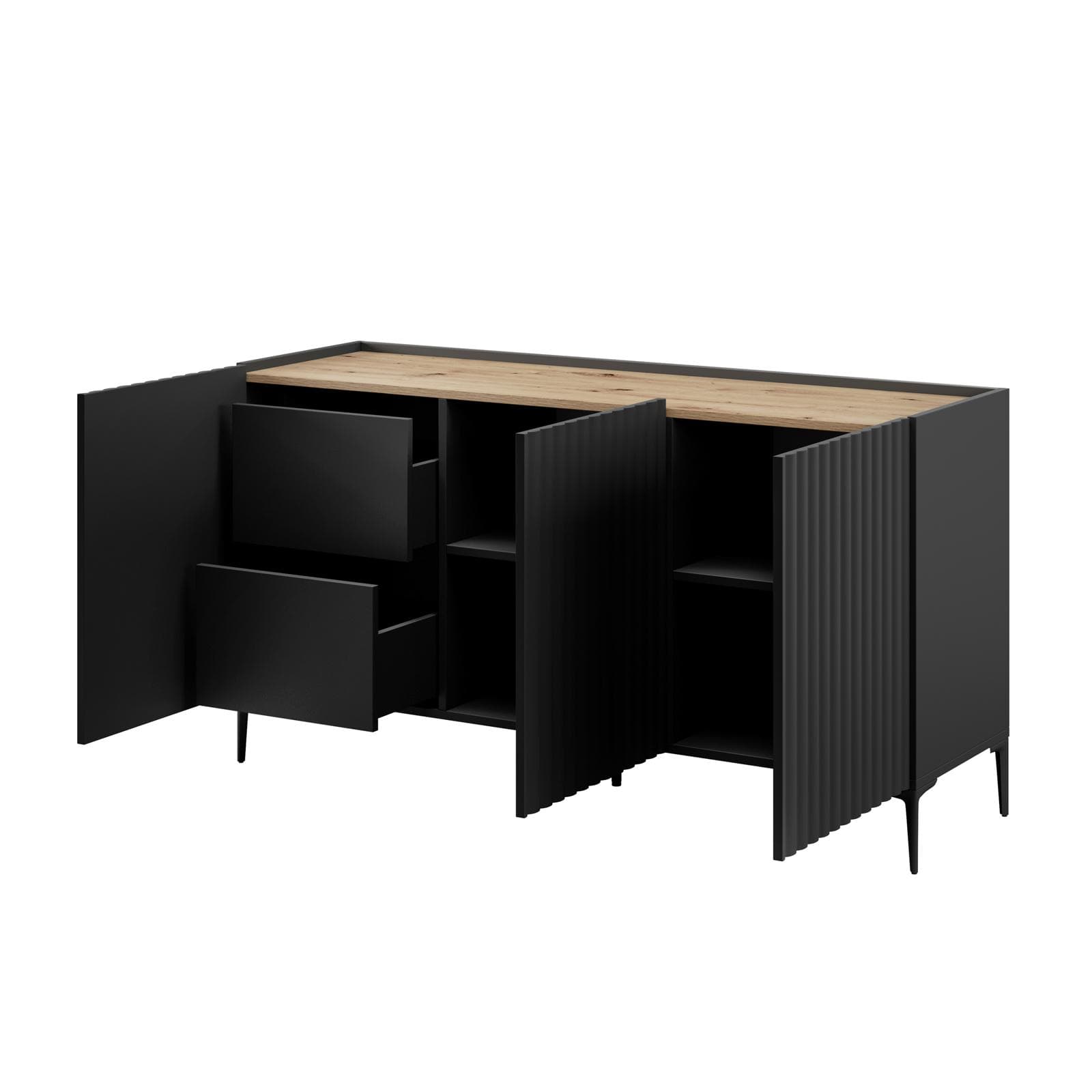 Madia 150x81h cm top effetto rovere e nero cannettato ad onda e con 2 cassetti interni e piedi neri - Isolde