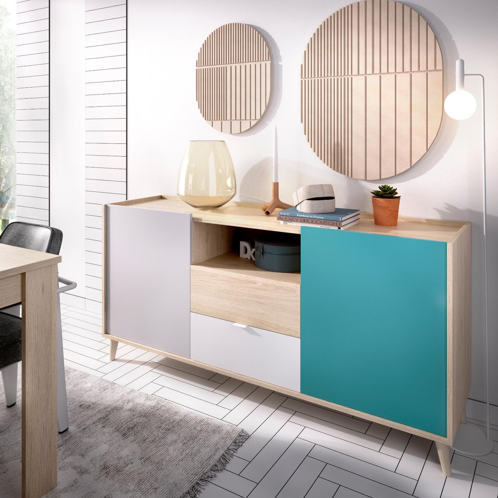 Madia 155 cm con due ante e due cassetti in legno grigio bianco e verde - Koria