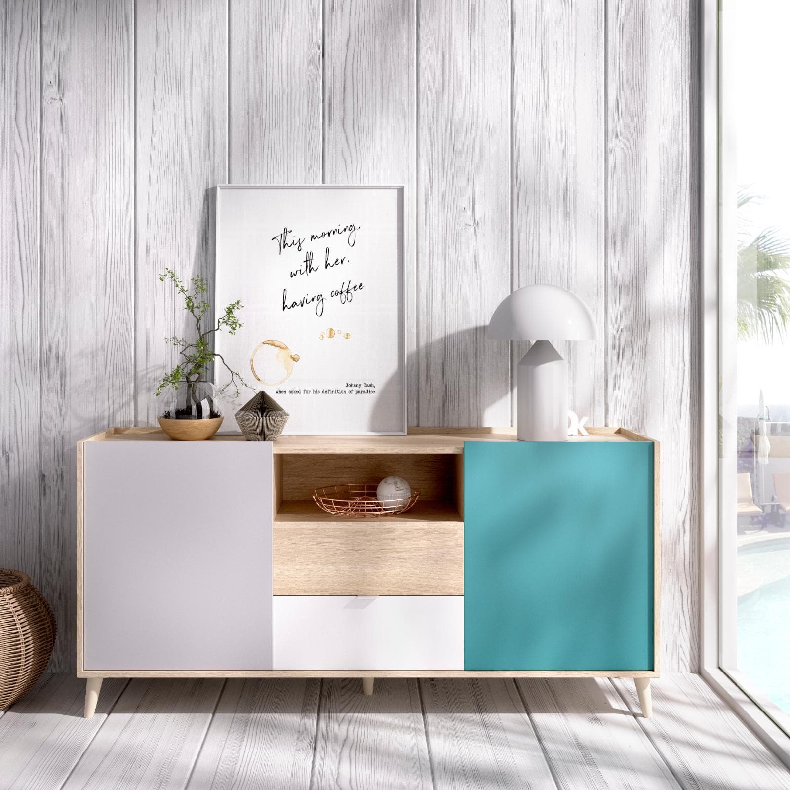Madia 155 cm con due ante e due cassetti in legno grigio bianco e verde - Koria