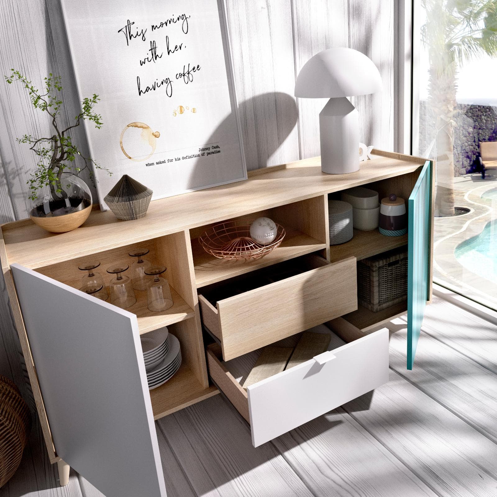 Madia 155 cm con due ante e due cassetti in legno grigio bianco e verde - Koria