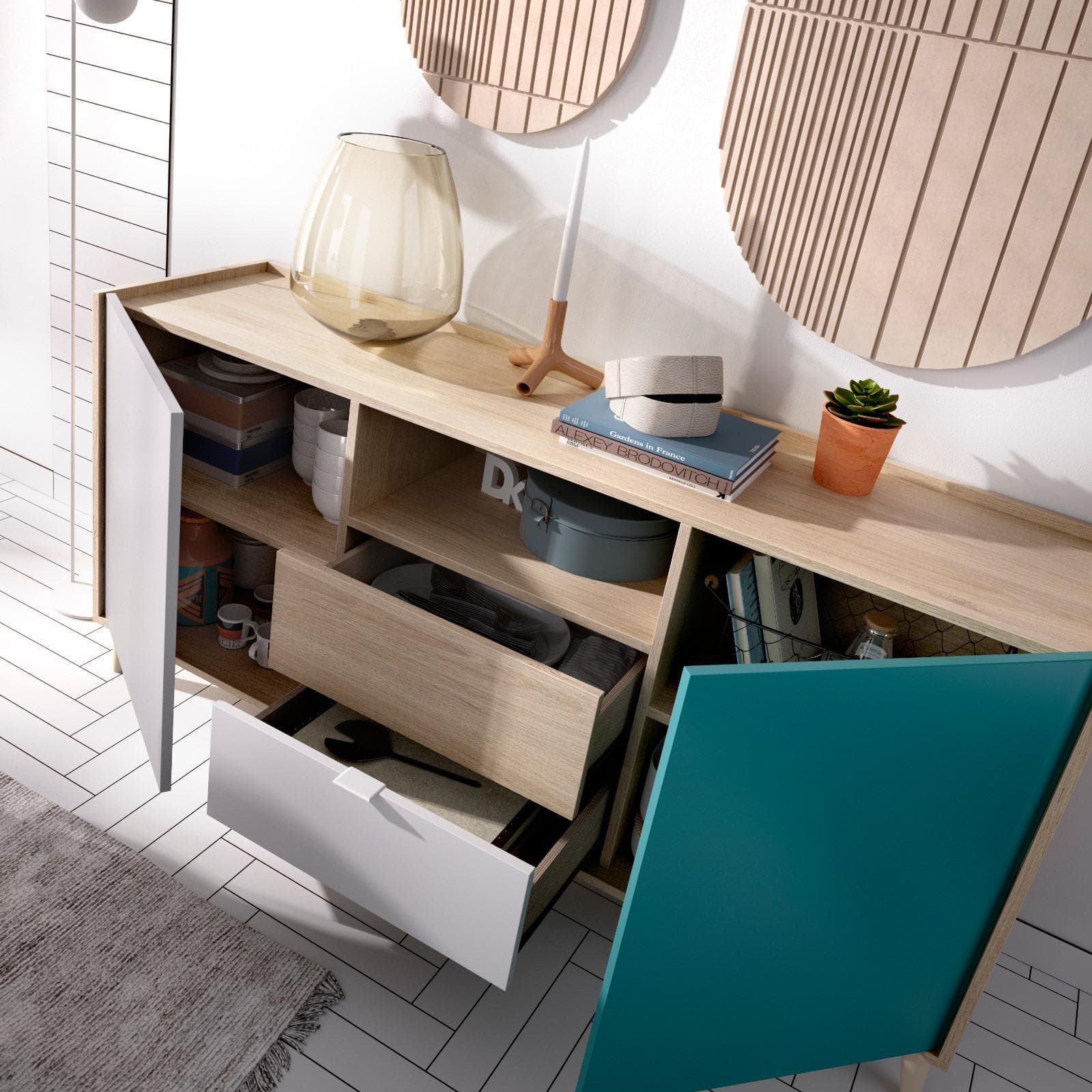 Madia 155 cm con due ante e due cassetti in legno grigio bianco e verde - Koria
