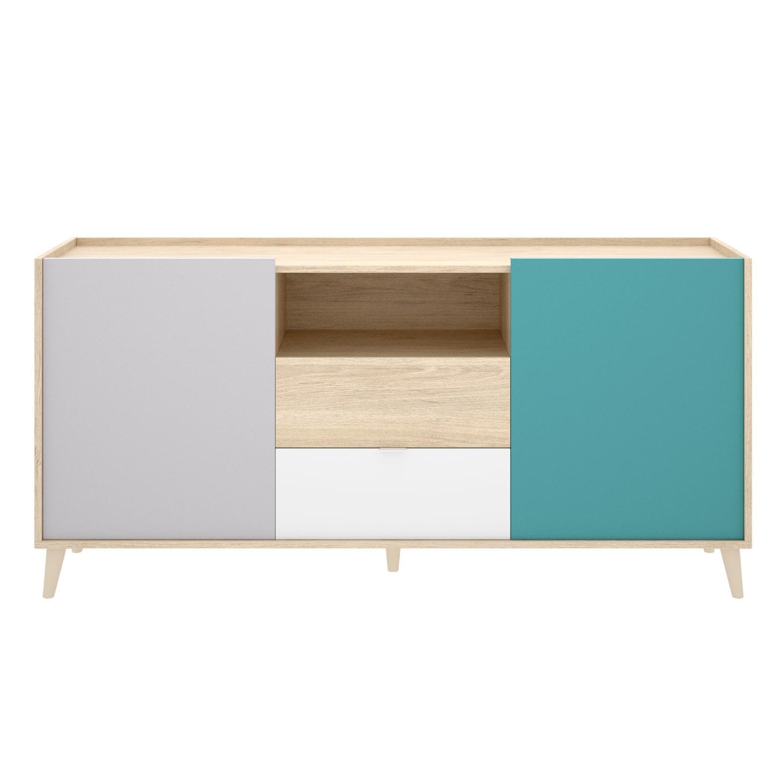 Madia 155 cm con due ante e due cassetti in legno grigio bianco e verde - Koria