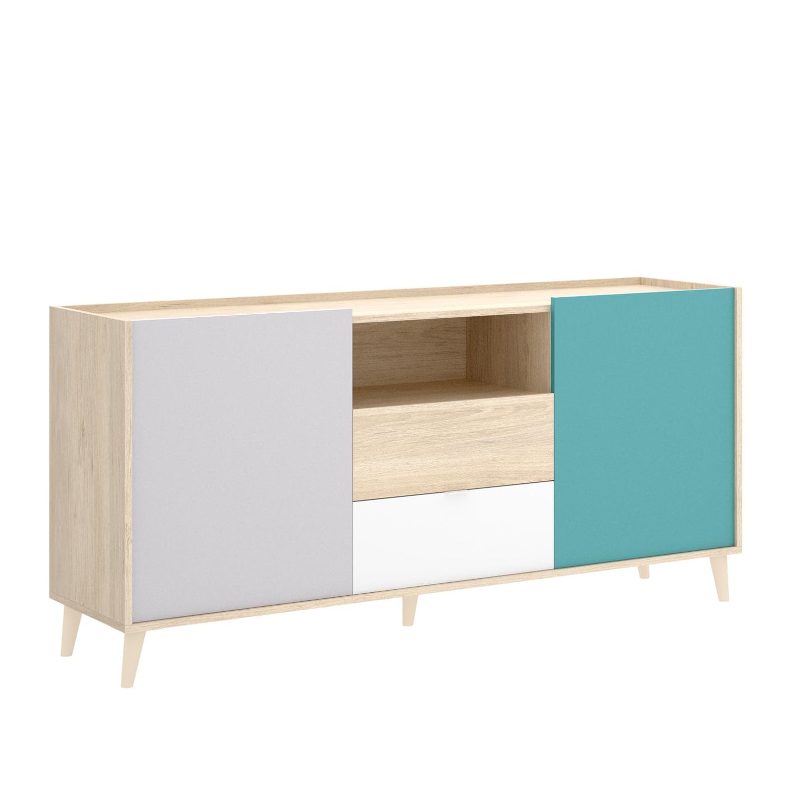 Madia 155 cm con due ante e due cassetti in legno grigio bianco e verde - Koria