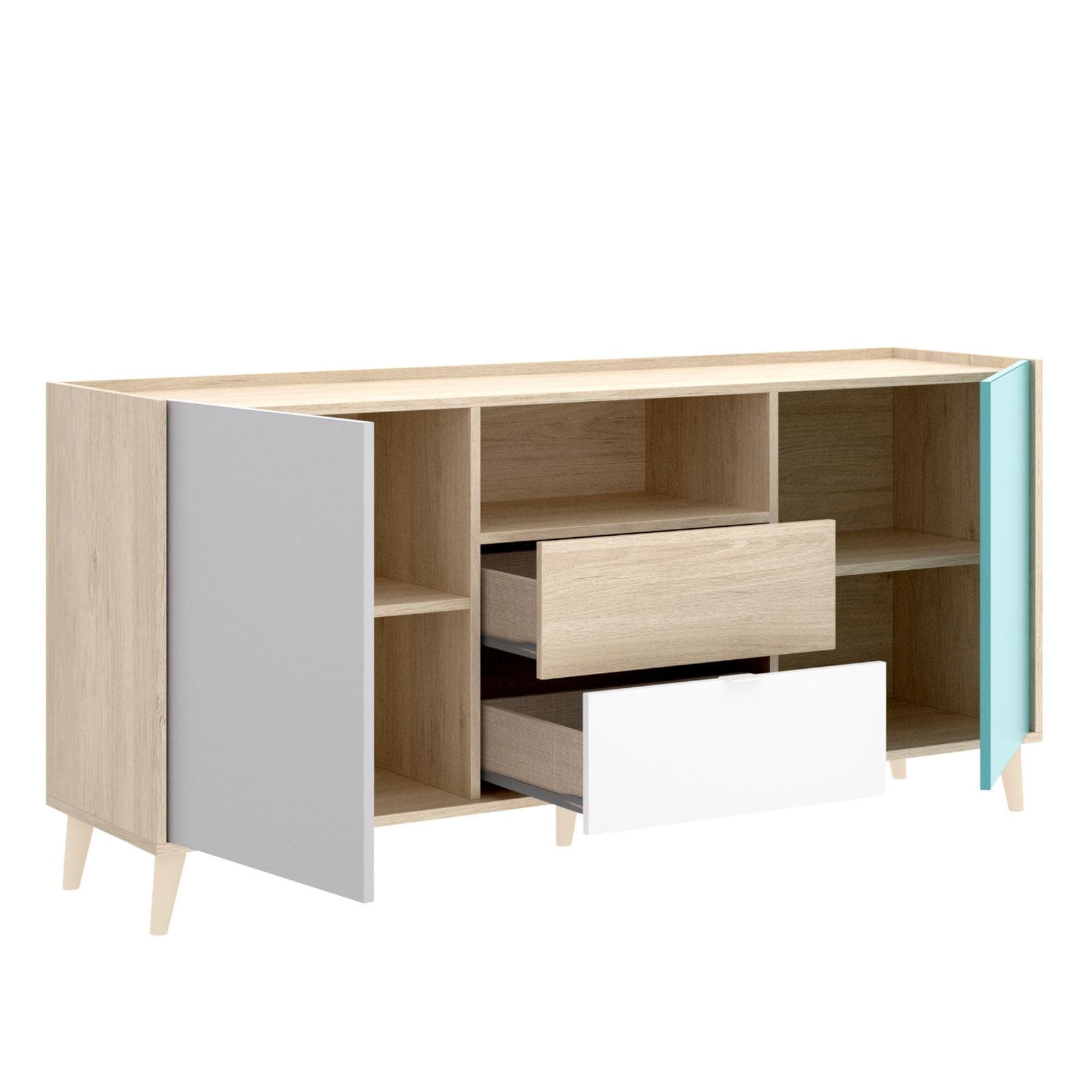 Madia 155 cm con due ante e due cassetti in legno grigio bianco e verde - Koria