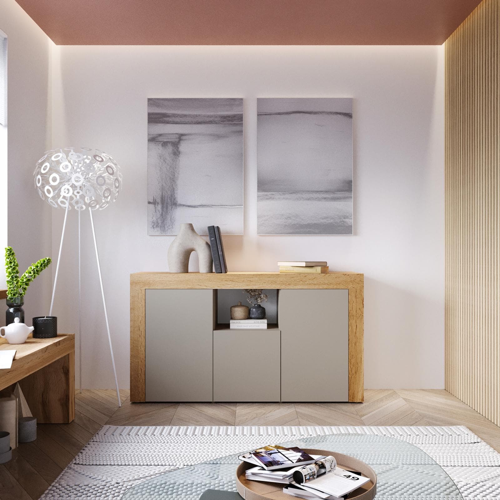 Madia 155x85h cm con 3 ante tortora opaco e rovere wotan - Kayros