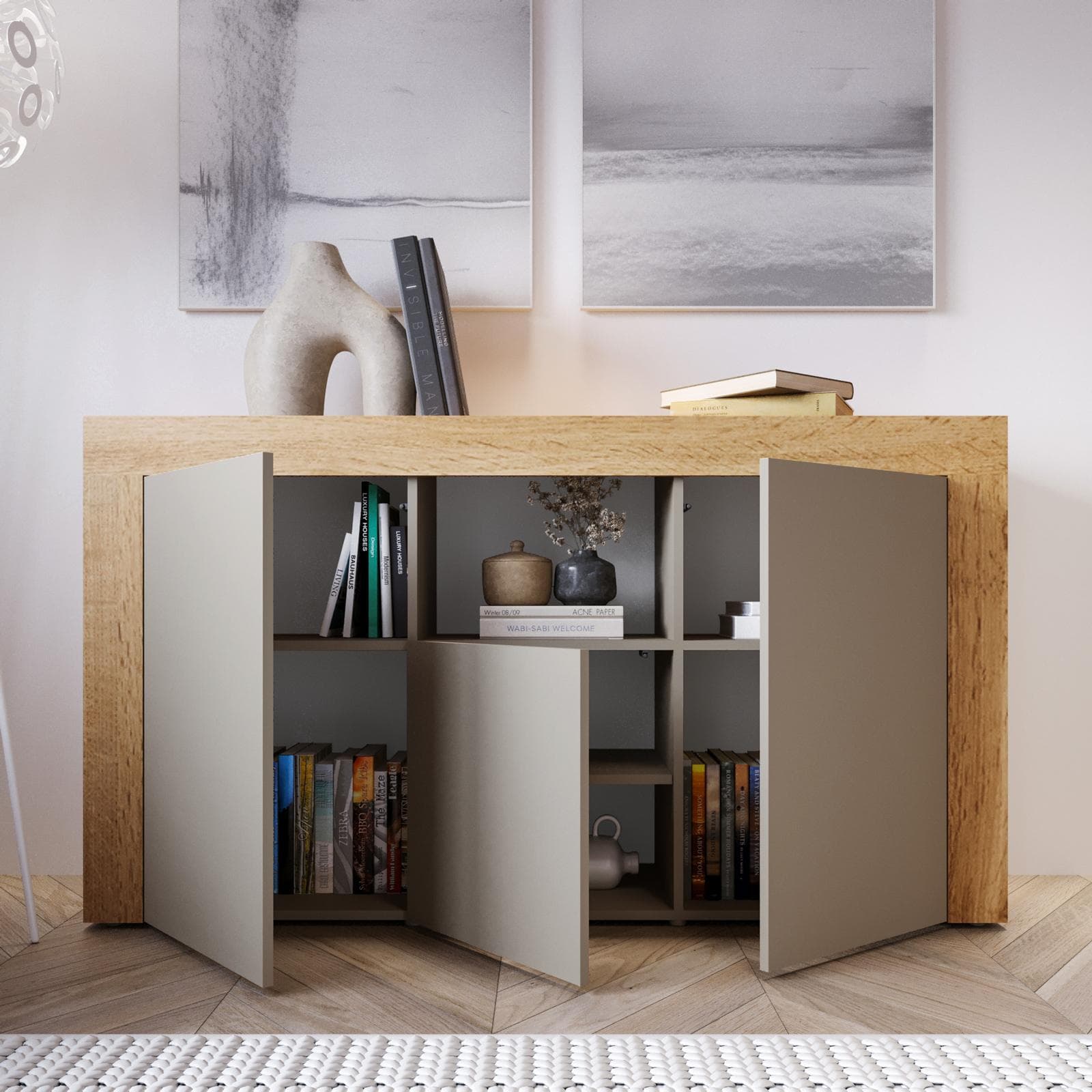 Madia 155x85h cm con 3 ante tortora opaco e rovere wotan - Kayros