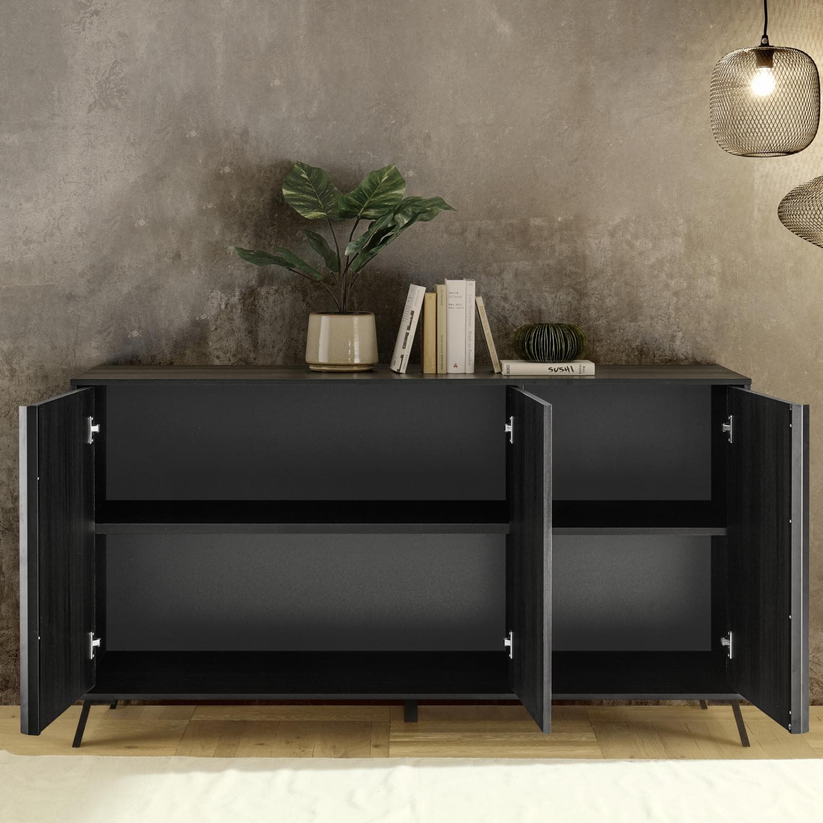 Madia 156 cm con tre ante in legno nero frassinato - Mendes