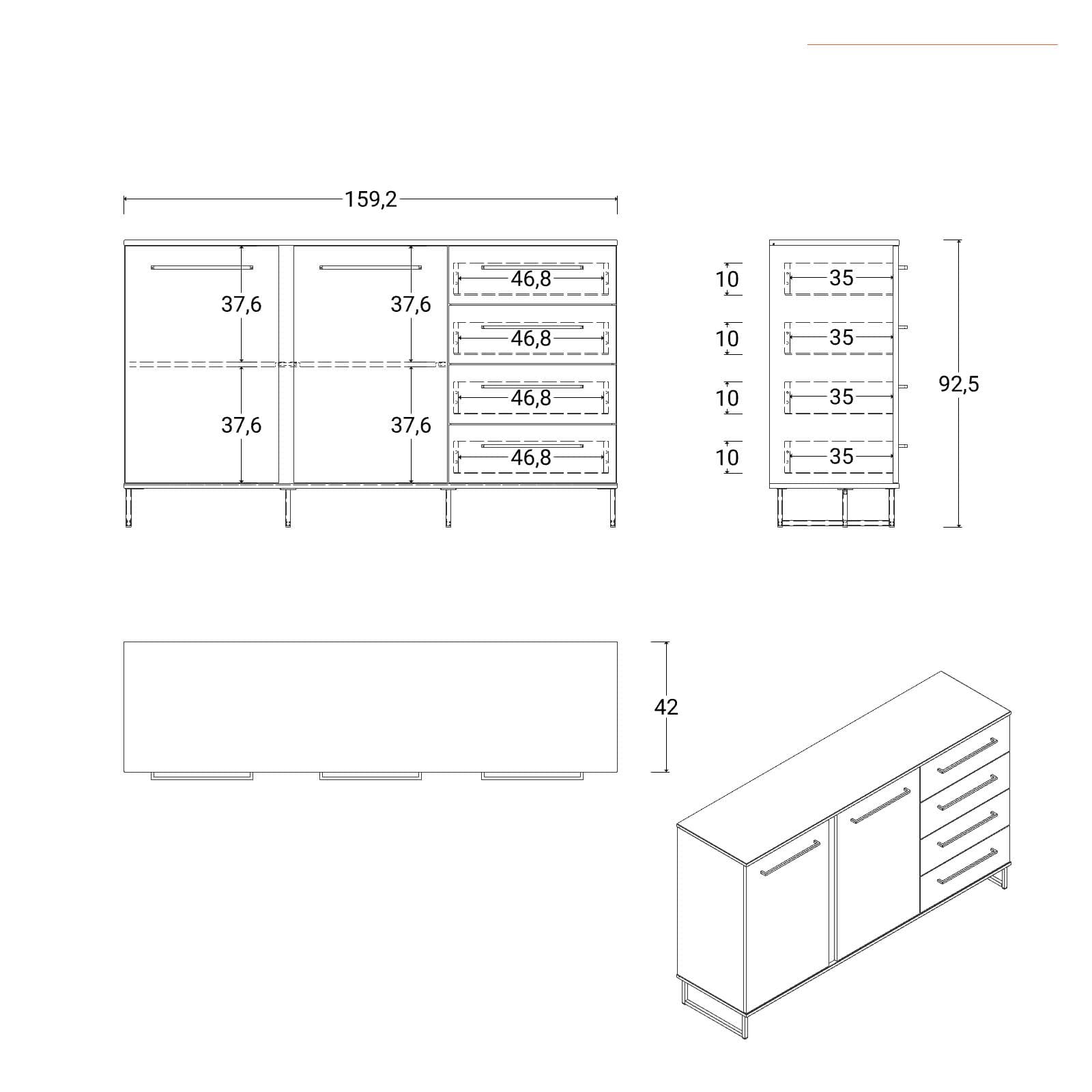 Madia 159x95h cm con 2 ante e 4 cassetti in legno rovere savana e nero - Hollis