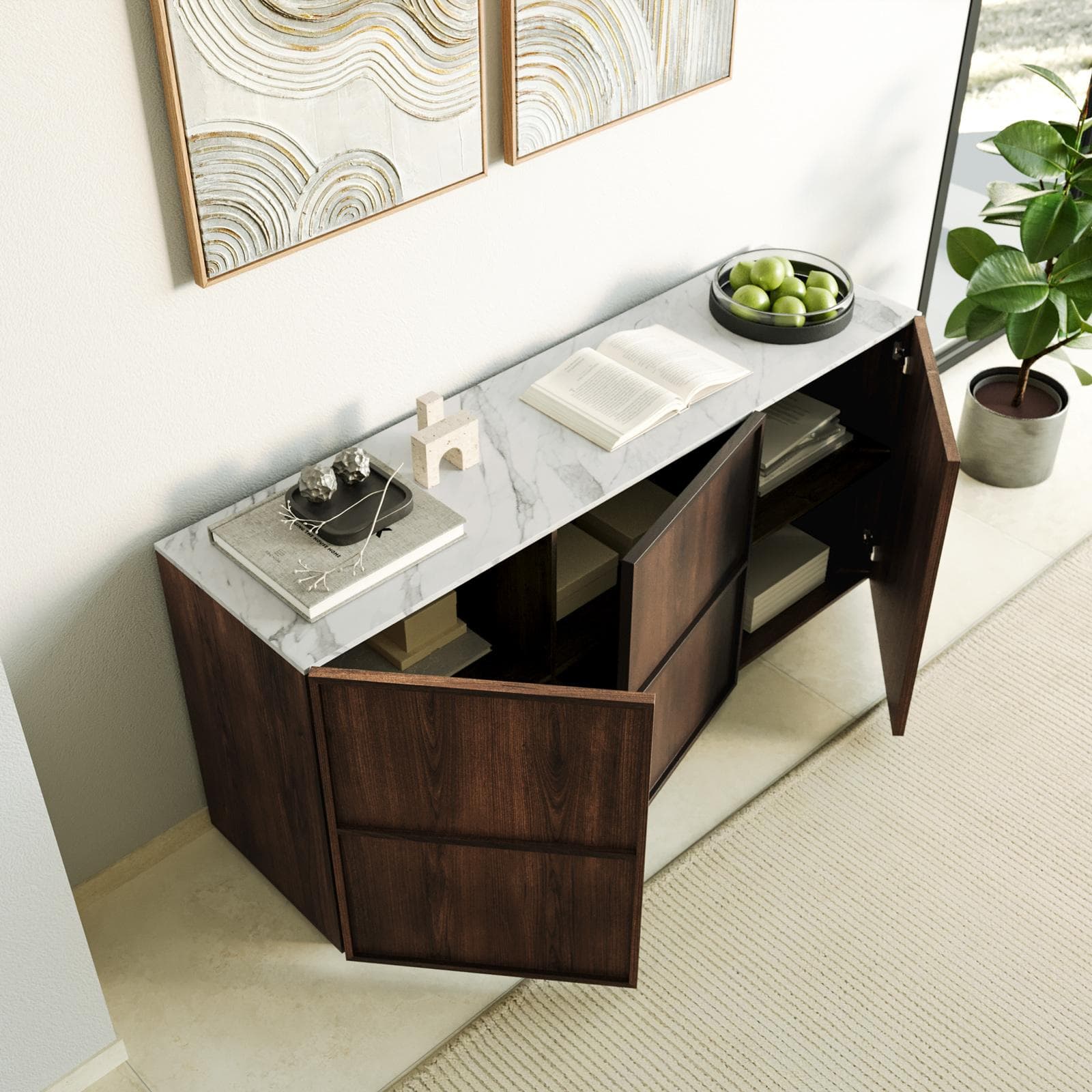 Madia 160x75h cm noce con top effetto marmo bianco e 3 ante soft close - Seraphina