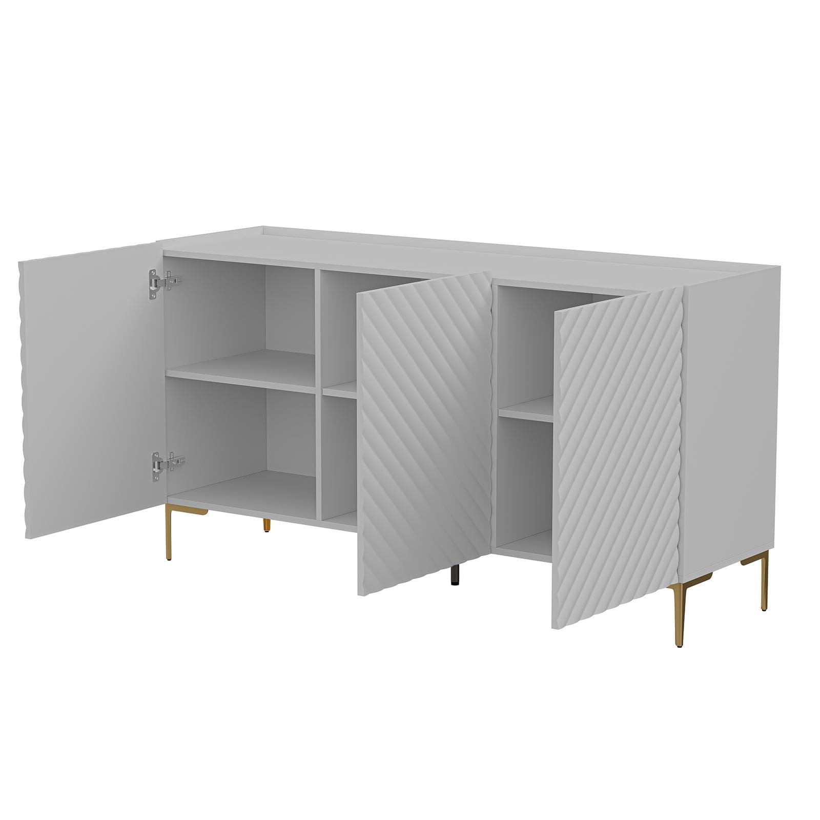 Madia 165x75h cm bianco cannettato obliquo con piedi oro e 3 ante - Emerald