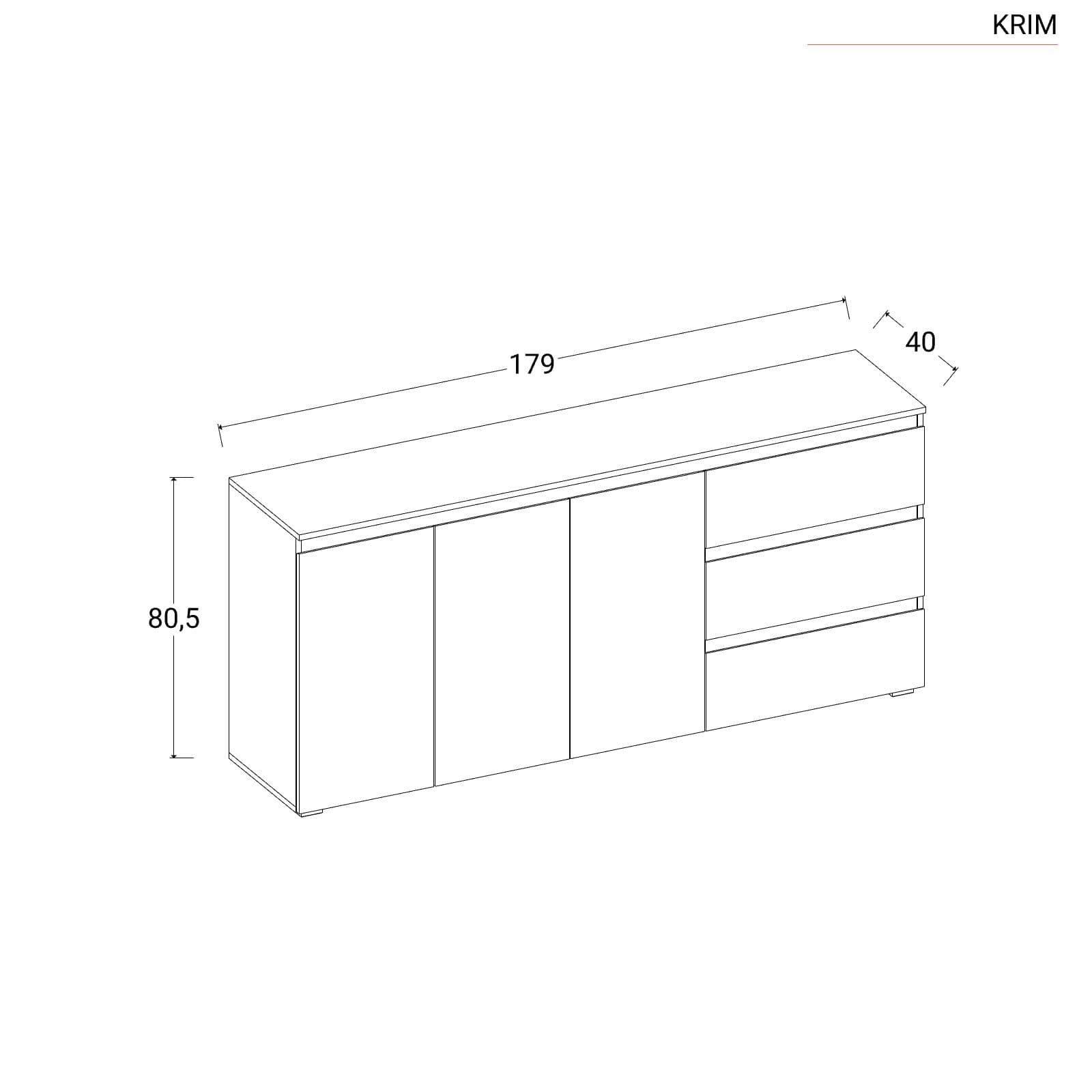 Madia 179x80h cm in legno bianco opaco con 3 ante e 3 cassetti - Krim