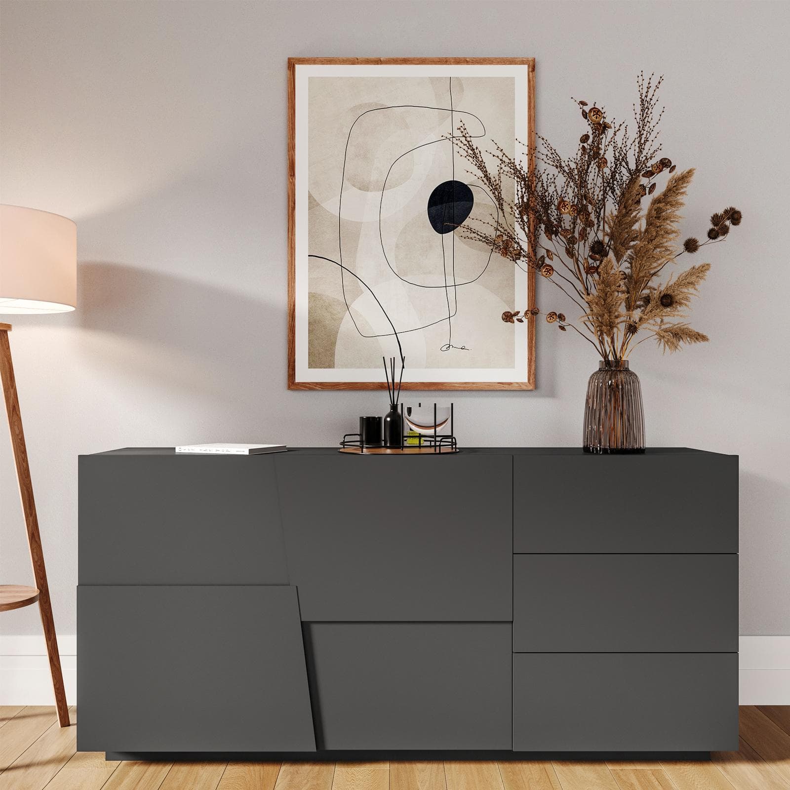 Madia 180x86h cm antracite opaco con 2 ante e 3 cassetti - Beryl