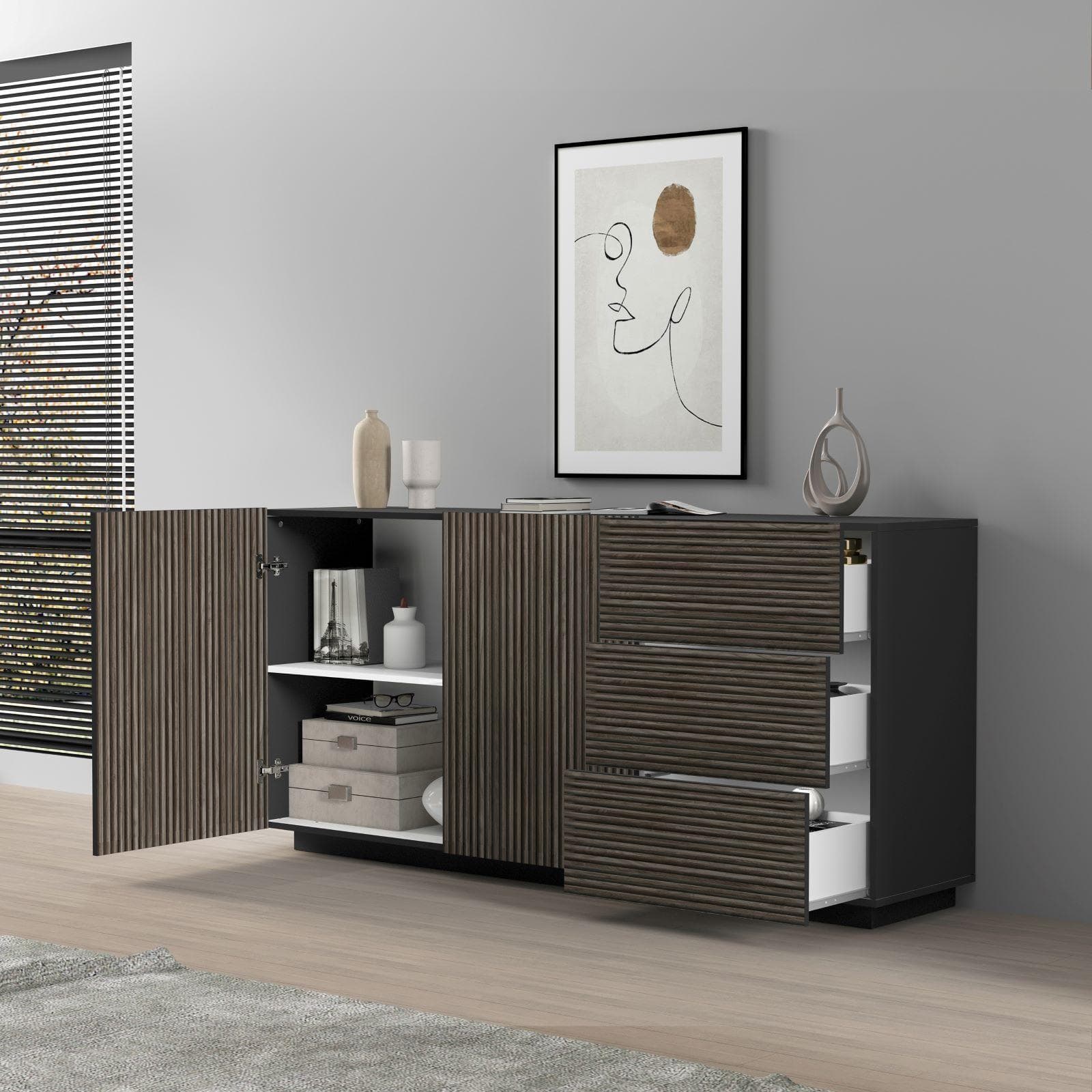 Madia 180x86h cm antracite opaco con 2 ante e 3 cassetti effetto legno scuro cannettato - Roots