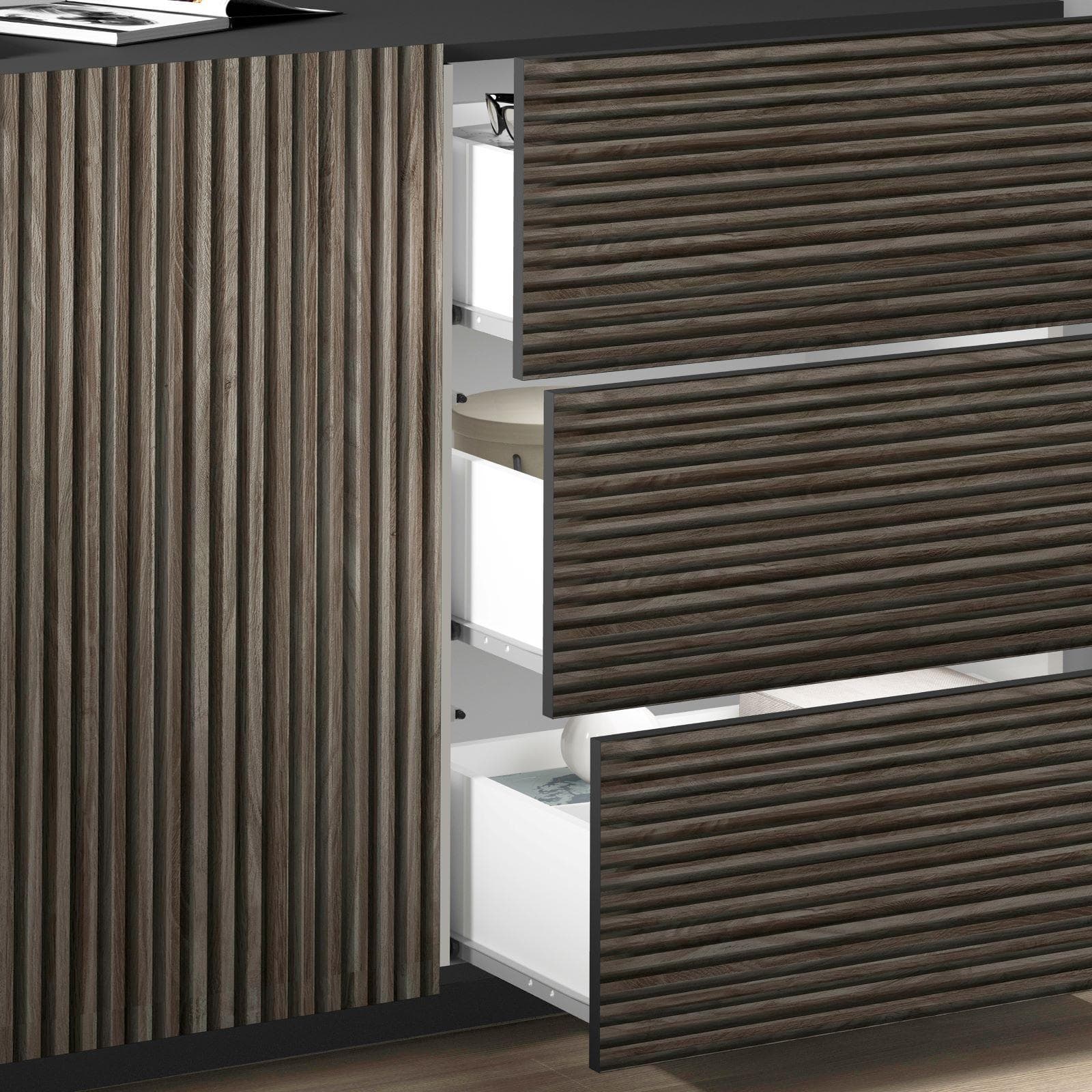 Madia 180x86h cm antracite opaco con 2 ante e 3 cassetti effetto legno scuro cannettato - Roots