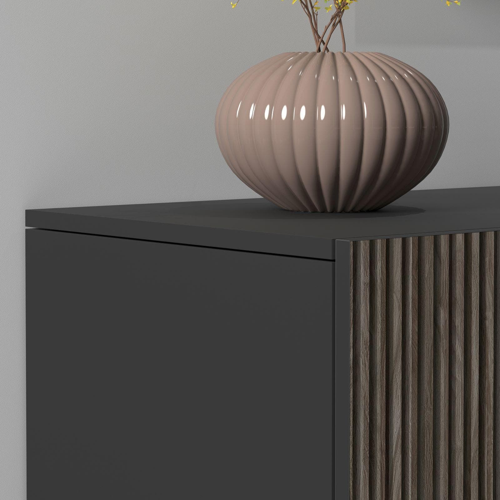 Madia 180x86h cm antracite opaco con 2 ante e 3 cassetti effetto legno scuro cannettato - Roots