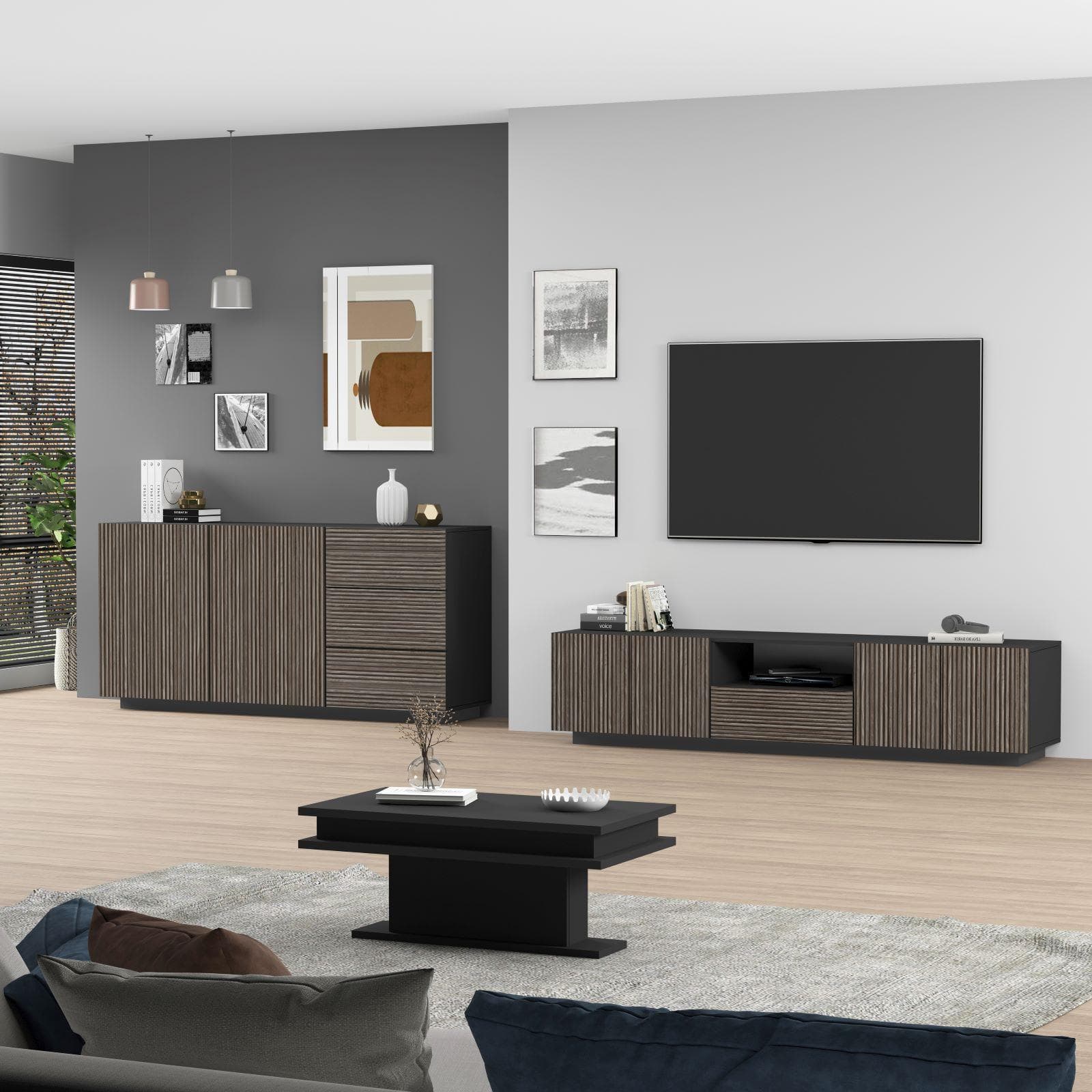 Madia 180x86h cm antracite opaco con 2 ante e 3 cassetti effetto legno scuro cannettato - Roots