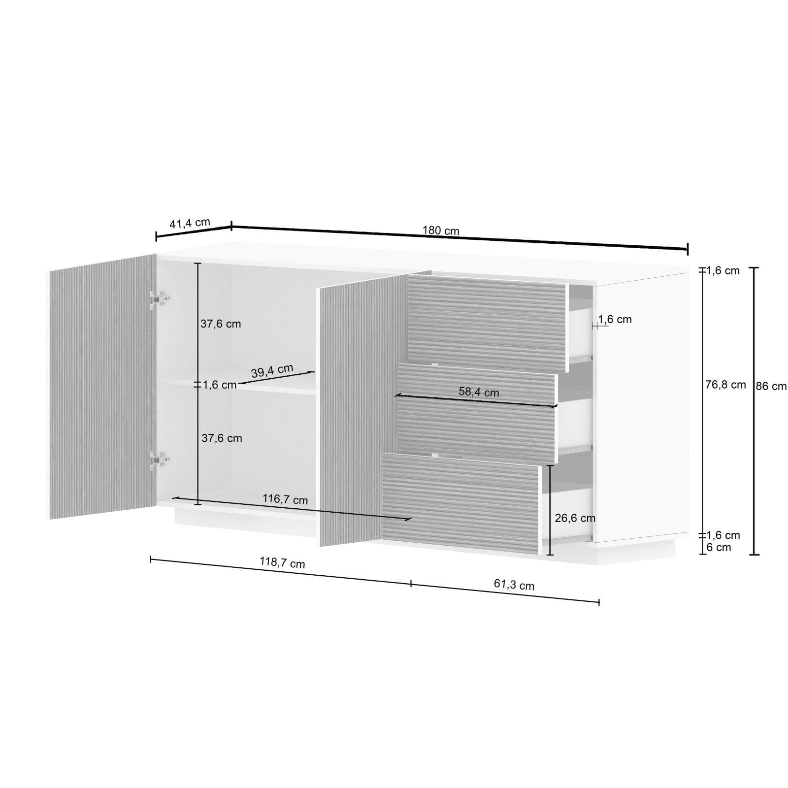 Madia 180x86h cm antracite opaco con 2 ante e 3 cassetti effetto legno scuro cannettato - Roots