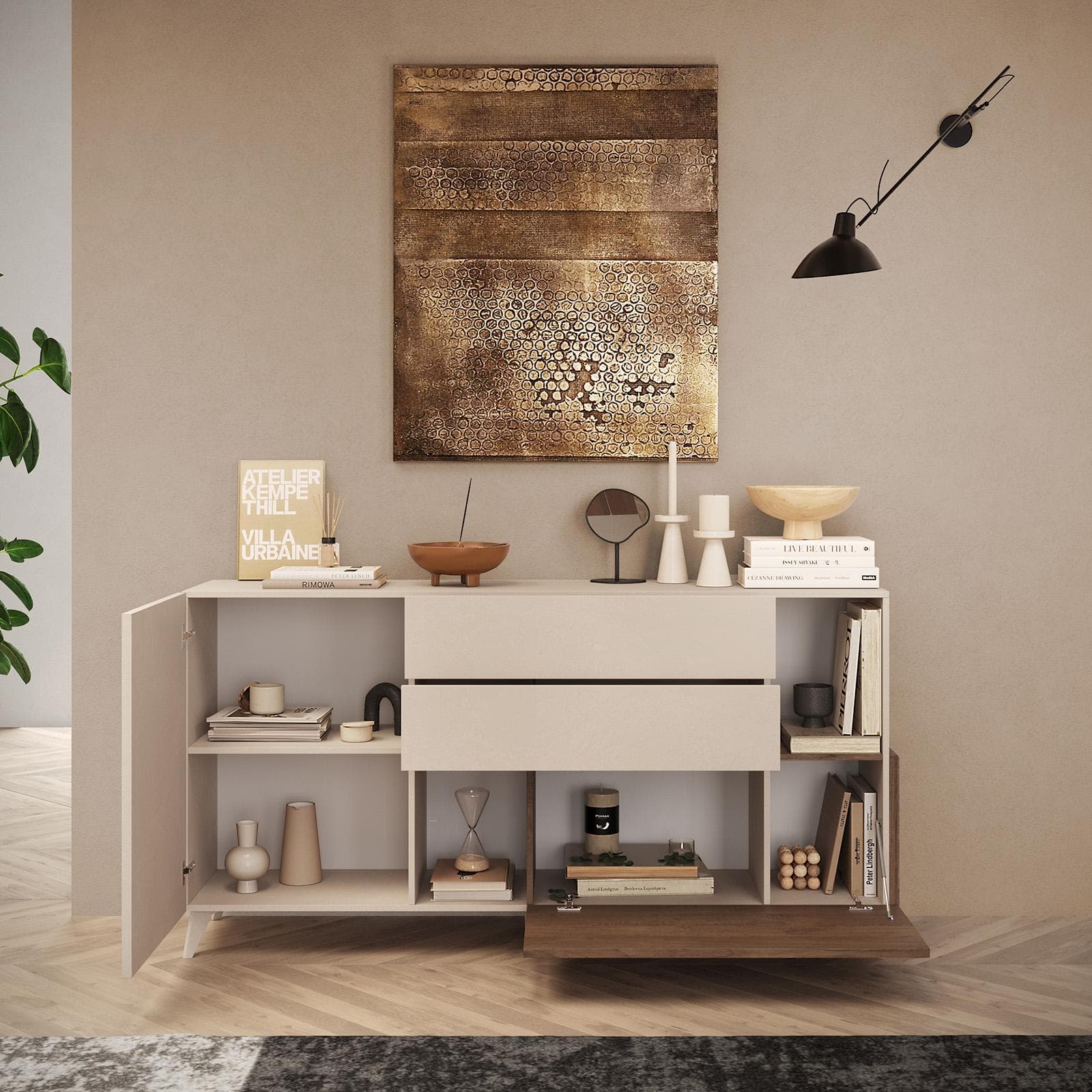 Madia 181x94h cm cashmere con 2 cassetti e anta a ribalta mercure - Kled