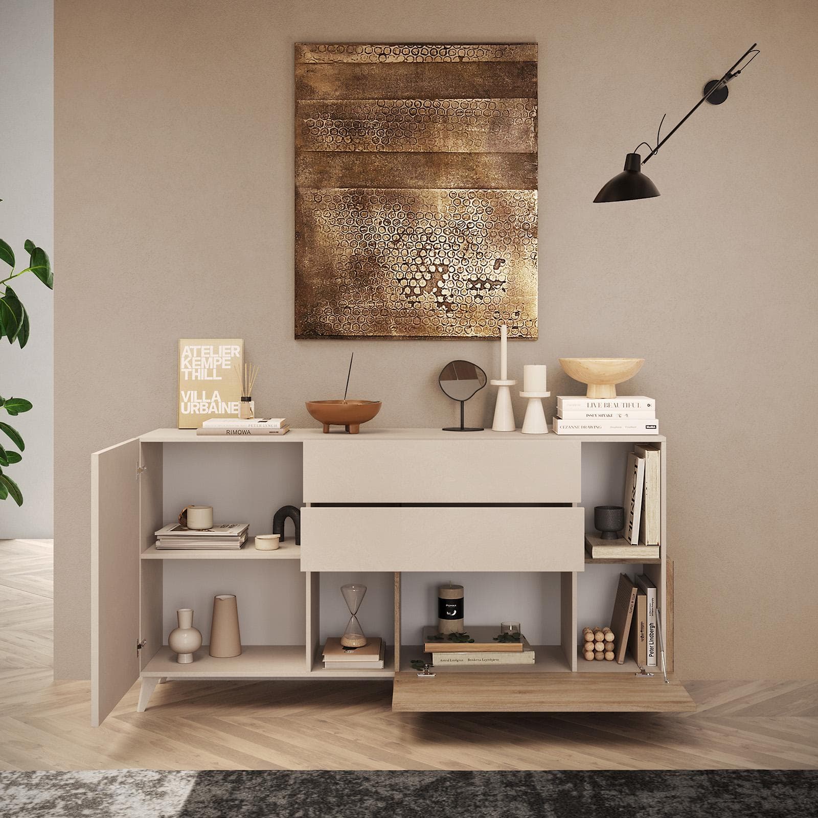 Madia 181x94h cm cashmere con 2 cassetti e anta a ribalta cadiz - Kled