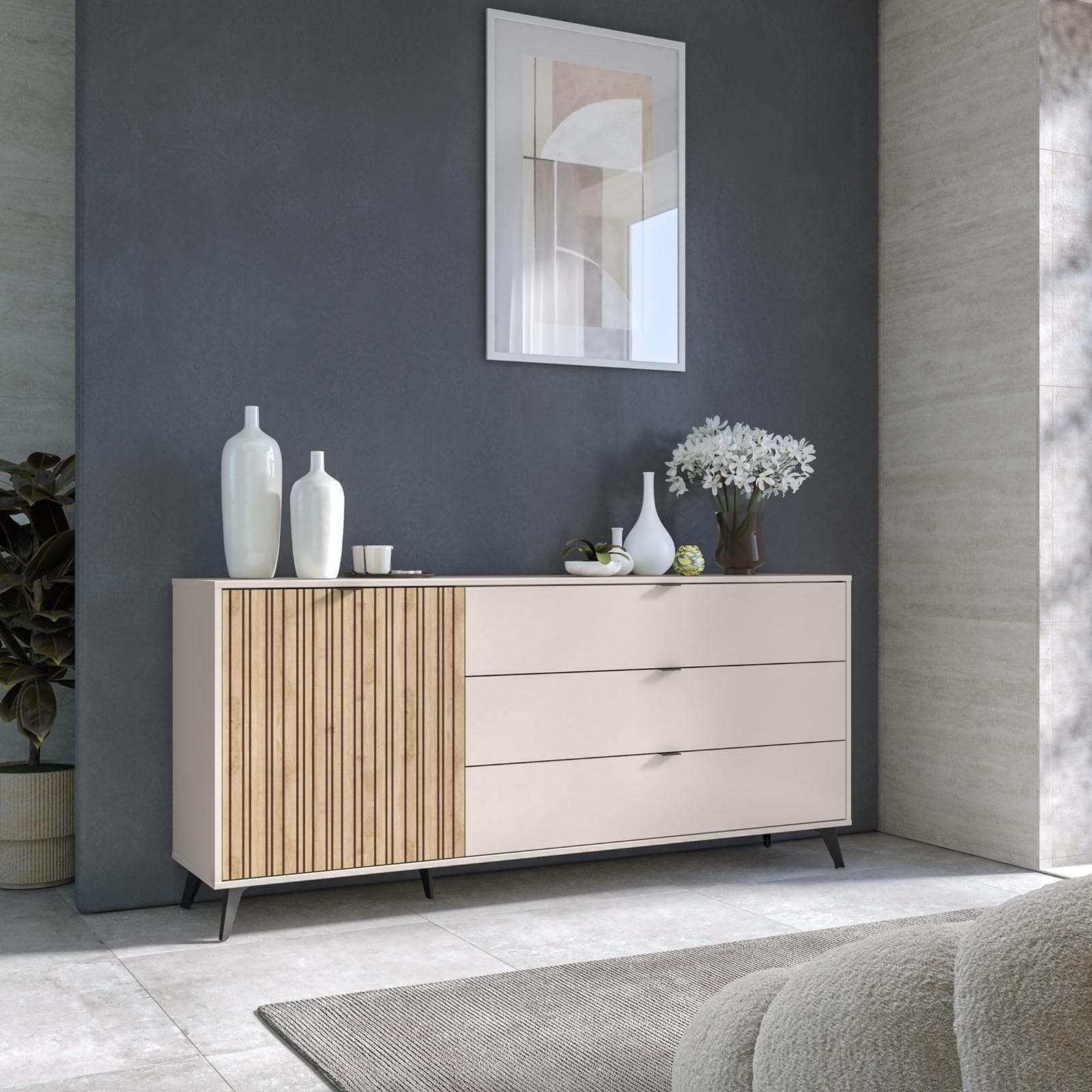 Madia 183x83h cm cashmere con 3 cassetti e 1 anta effetto cannettato rovere - Irina