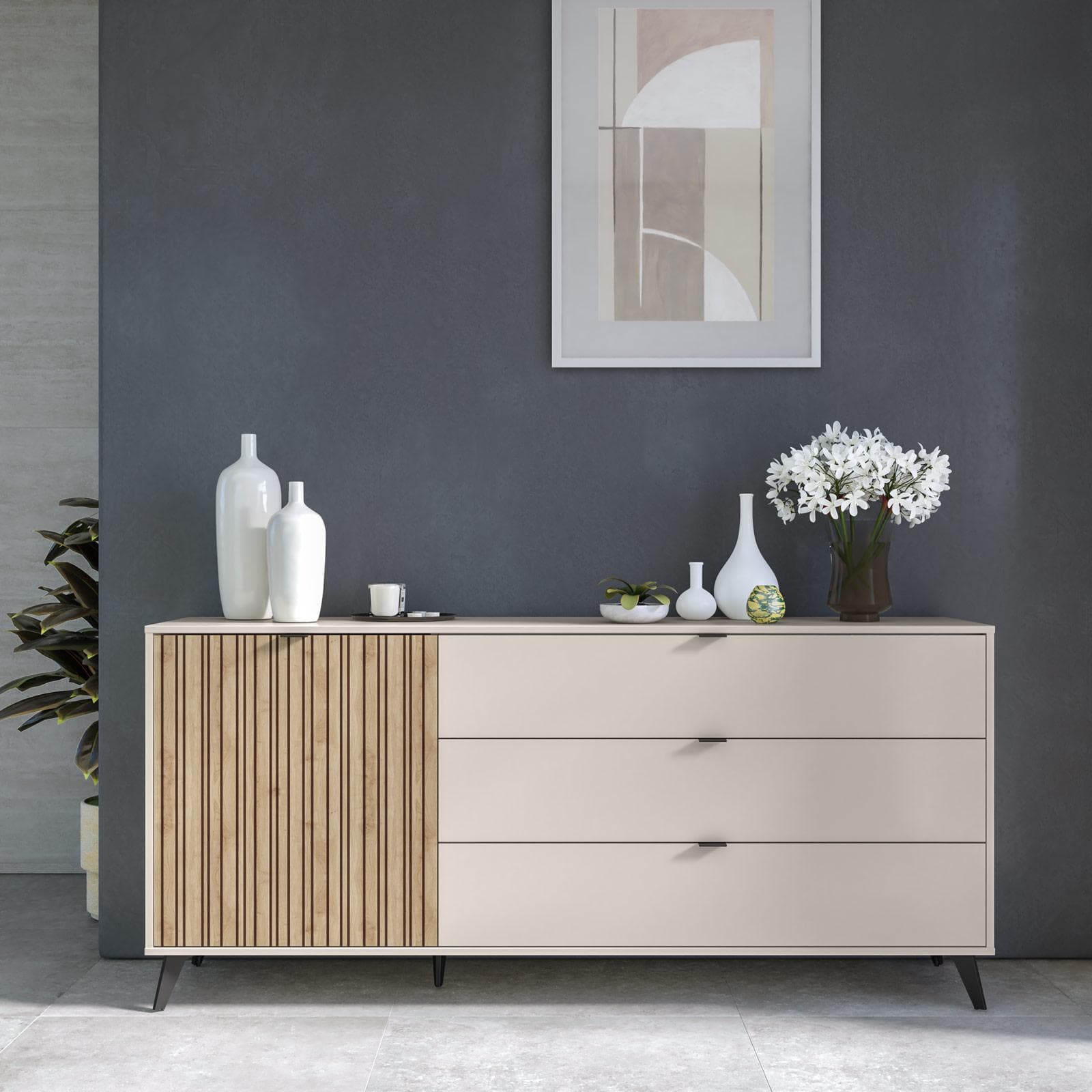 Madia 183x83h cm cashmere con 3 cassetti e 1 anta effetto cannettato rovere - Irina