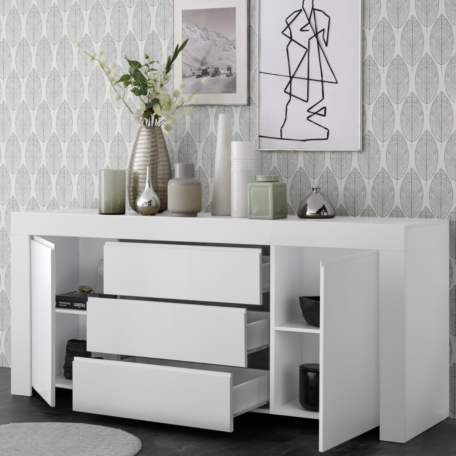 Madia 184 cm con due ante e tre cassetti in legno bianco opaco - Falesia