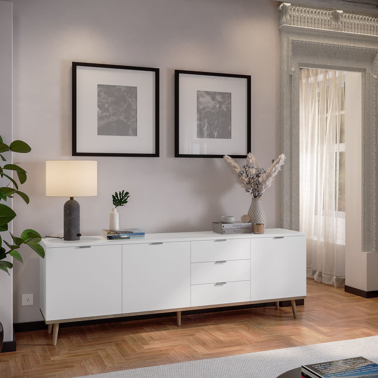 Madia 200x68h cm in legno bianco e rovere sonoma con 3 ante e 3 cassetti - Holberg