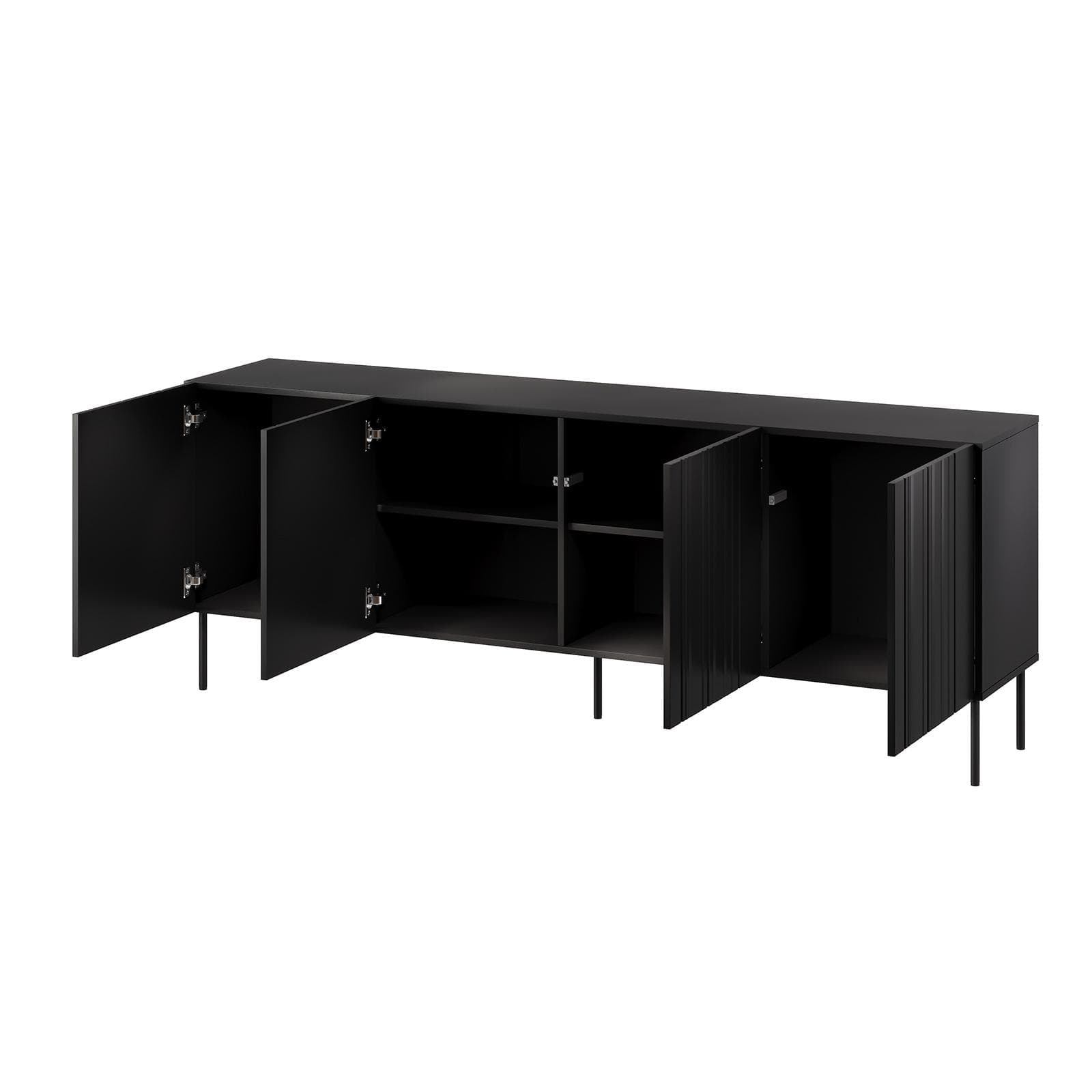 Madia 200x75h cm nero cannettato alternato con 4 ante e piedi in metallo finitura opaca - Gladys