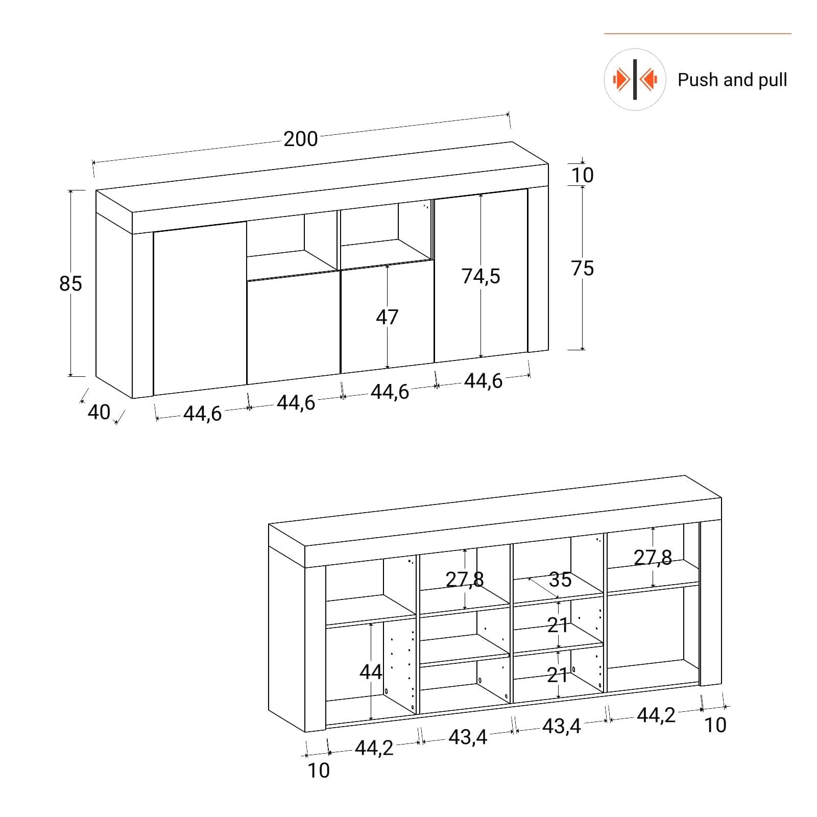 Madia 200x85h cm con 4 ante tortora opaco e rovere wotan - Kayros