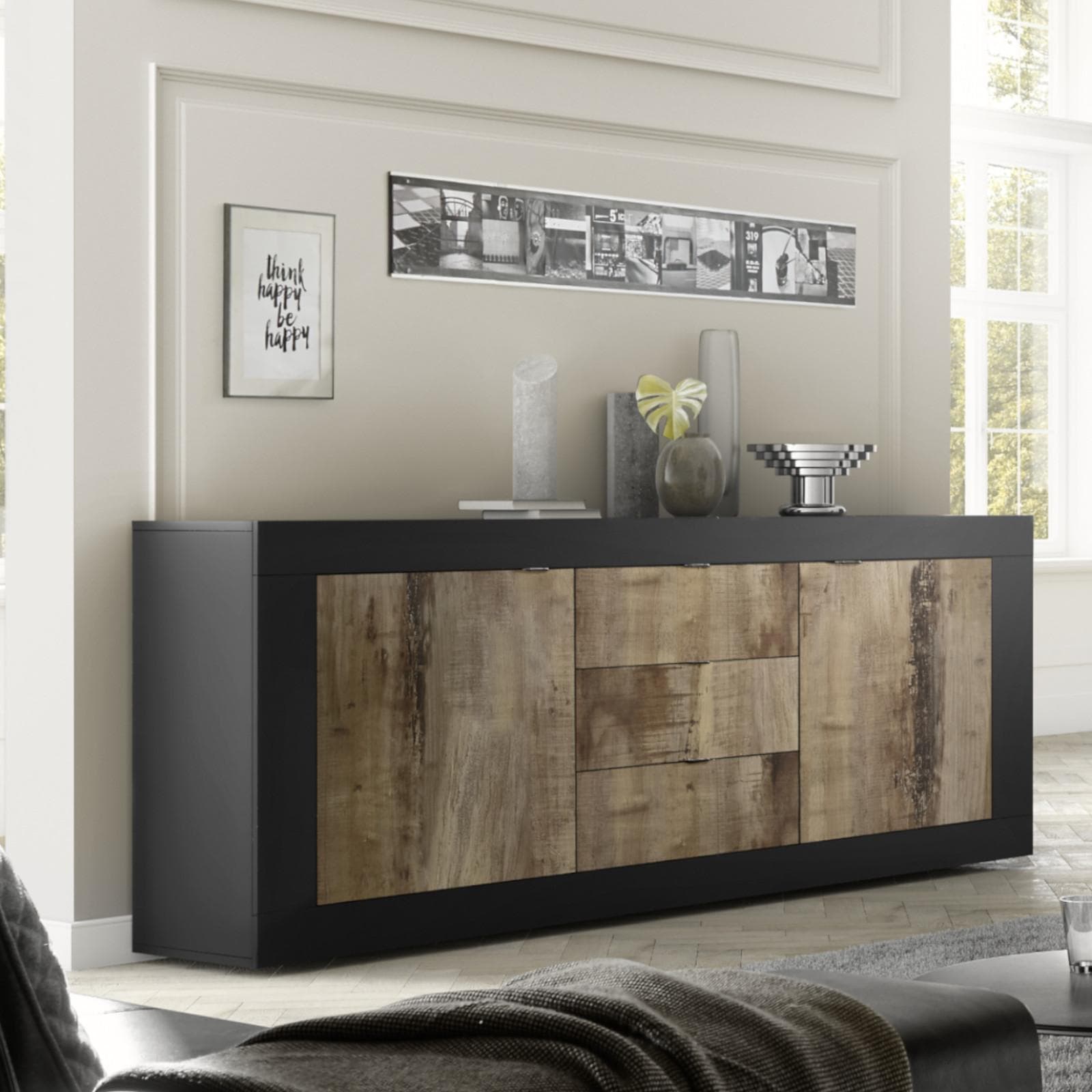 Madia 210 cm con due ante e tre cassetti in nero e legno - Geila