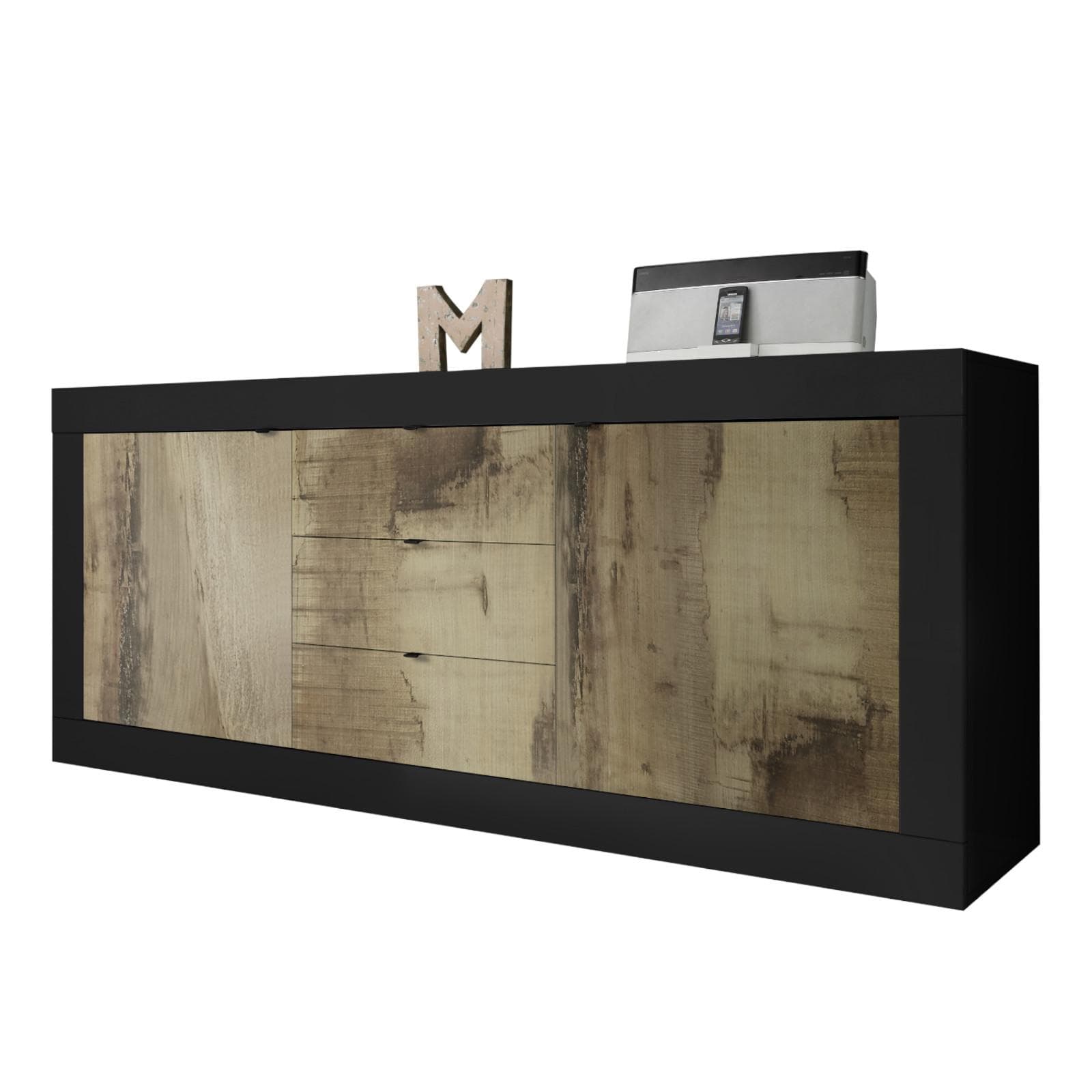Madia 210 cm con due ante e tre cassetti in nero e legno - Geila