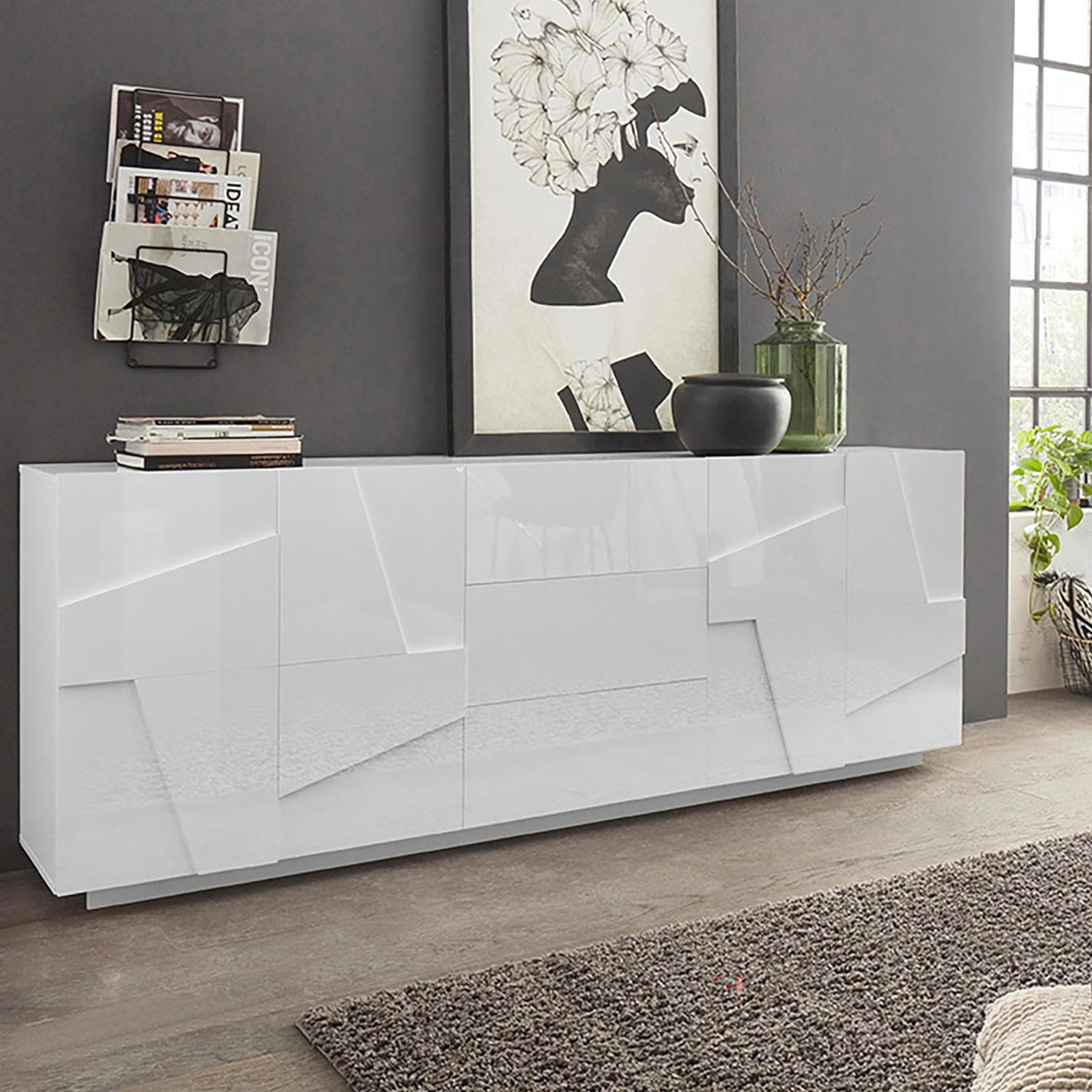 Madia 220x86h cm con 4 ante e 3 cassetti in legno bianco lucido - Sharps