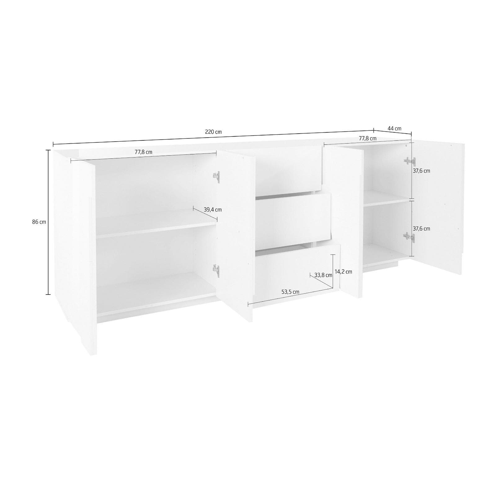 Madia 220x86h cm con 4 ante e 3 cassetti in legno bianco lucido - Sharps