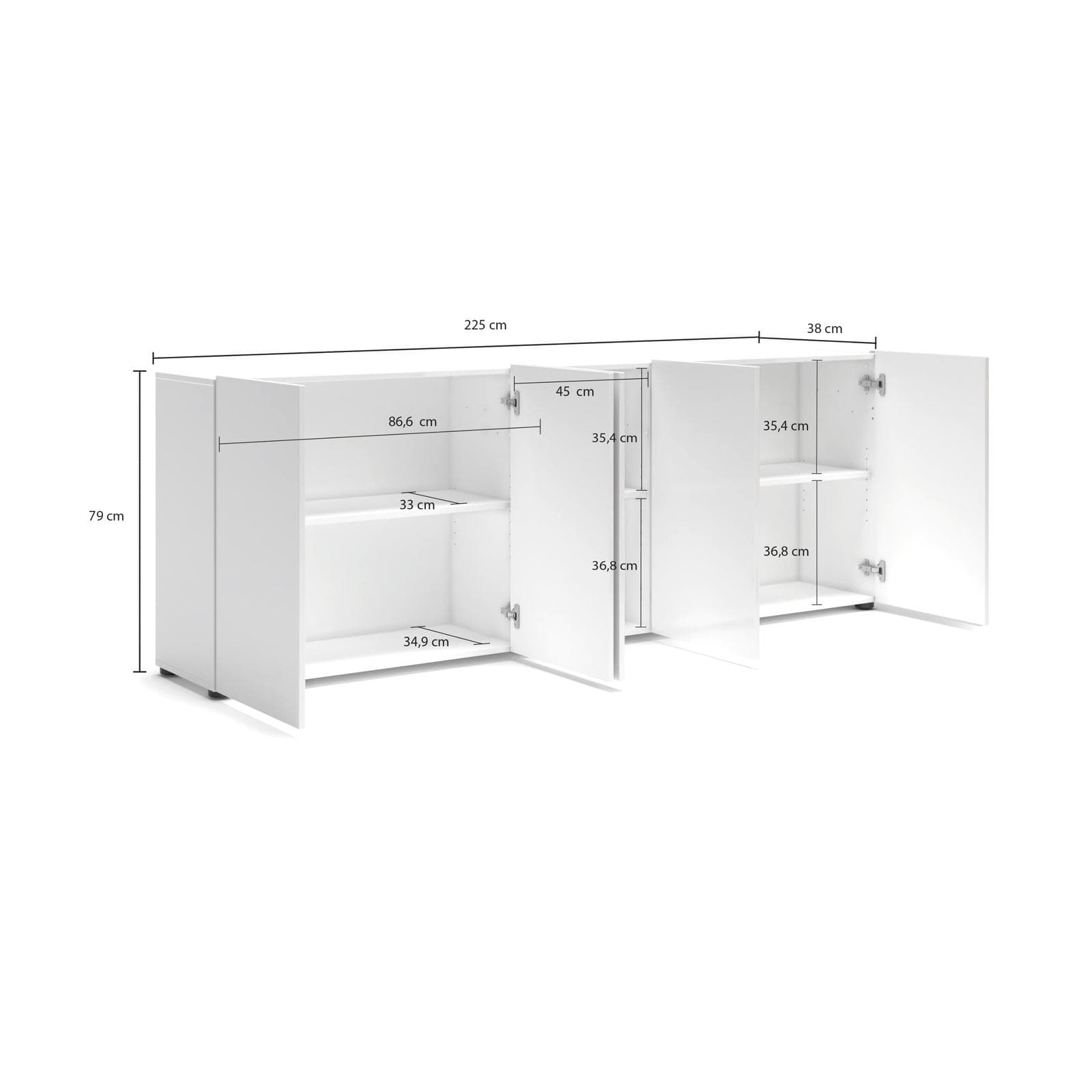 Madia 225x79h cm bianco lucido con 5 ante - Macie
