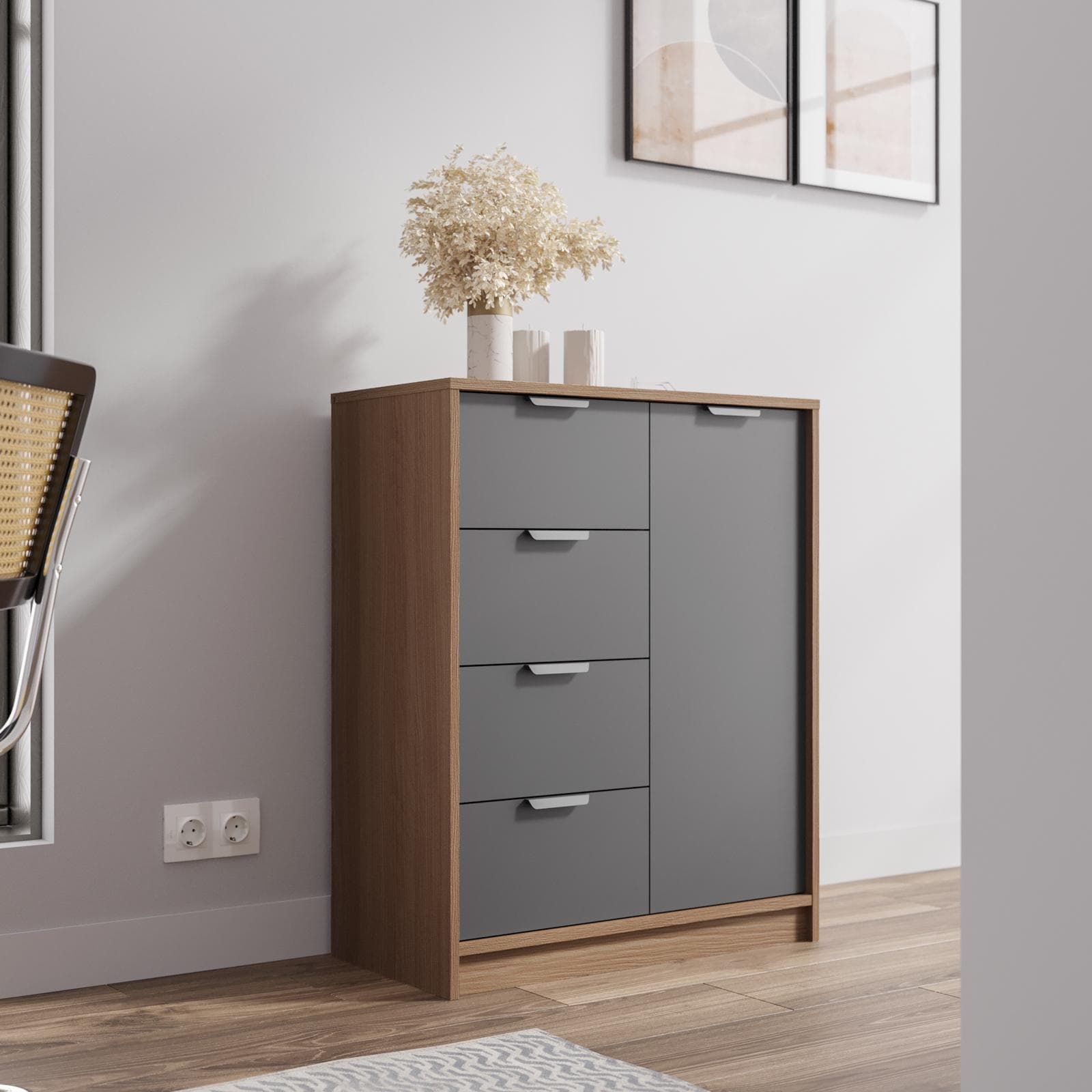 Madia 79x88h cm in legno antracite e rovere con 1 anta e 4 cassetti - Aubin