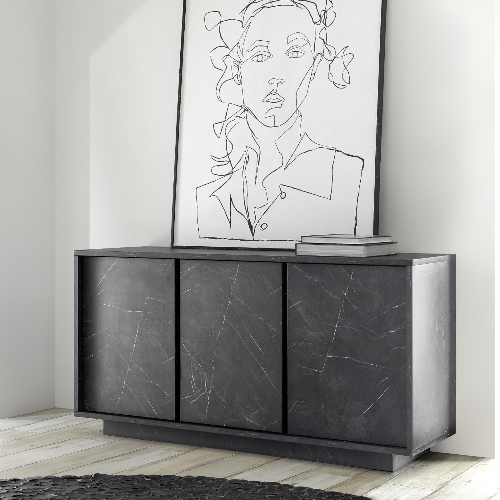 Madia da 138 cm con tre ante in legno nero effetto marmo - Auriga