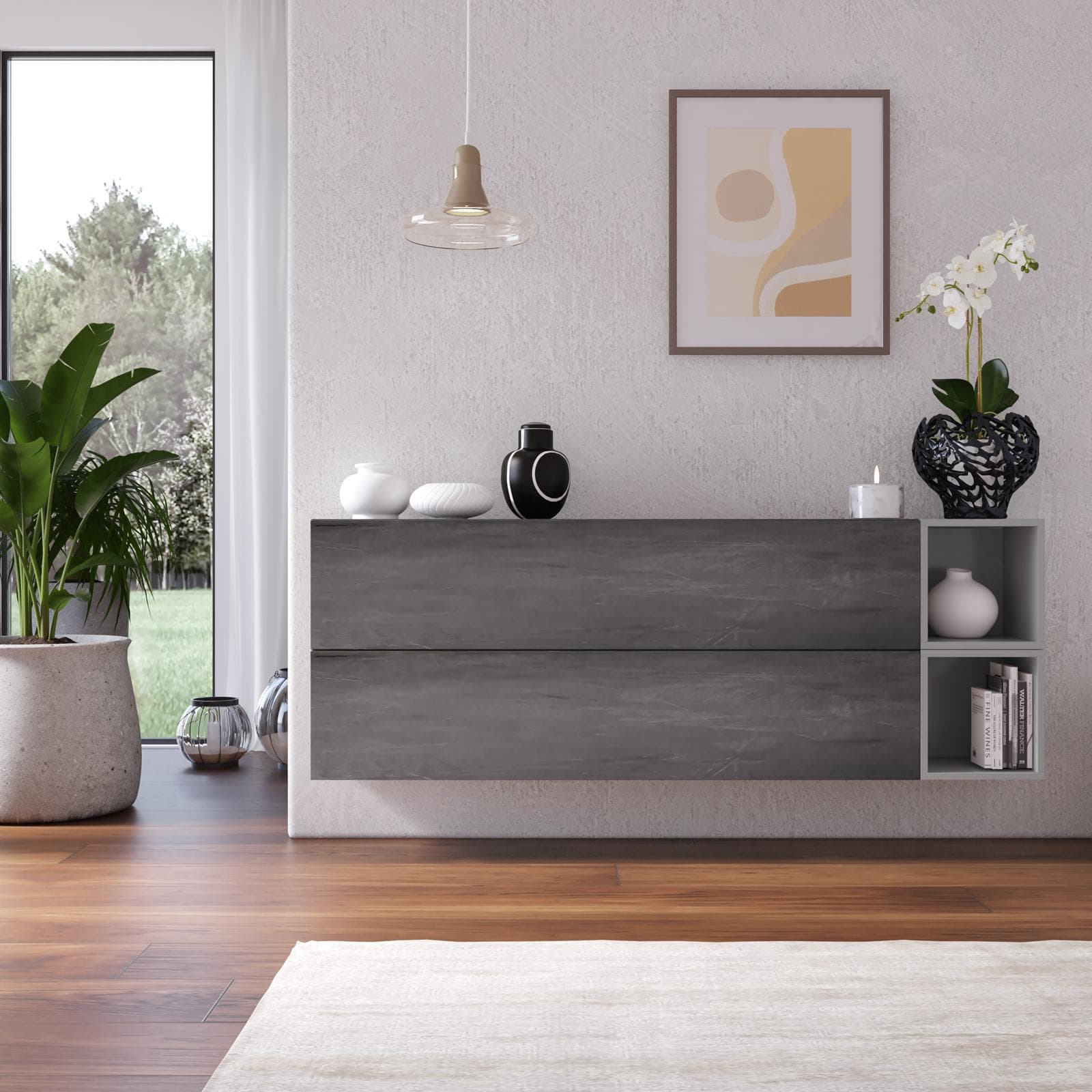 Madia sospesa reversibile 166x58h cm 2 ante ardesia e 2 vani a giorno piombo - Clary