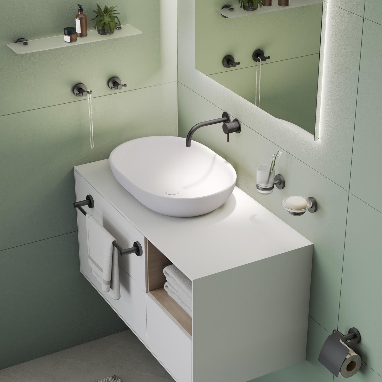 Mensola 52 cm in acciaio inox nero e vetro temperato - Felce di Gedy