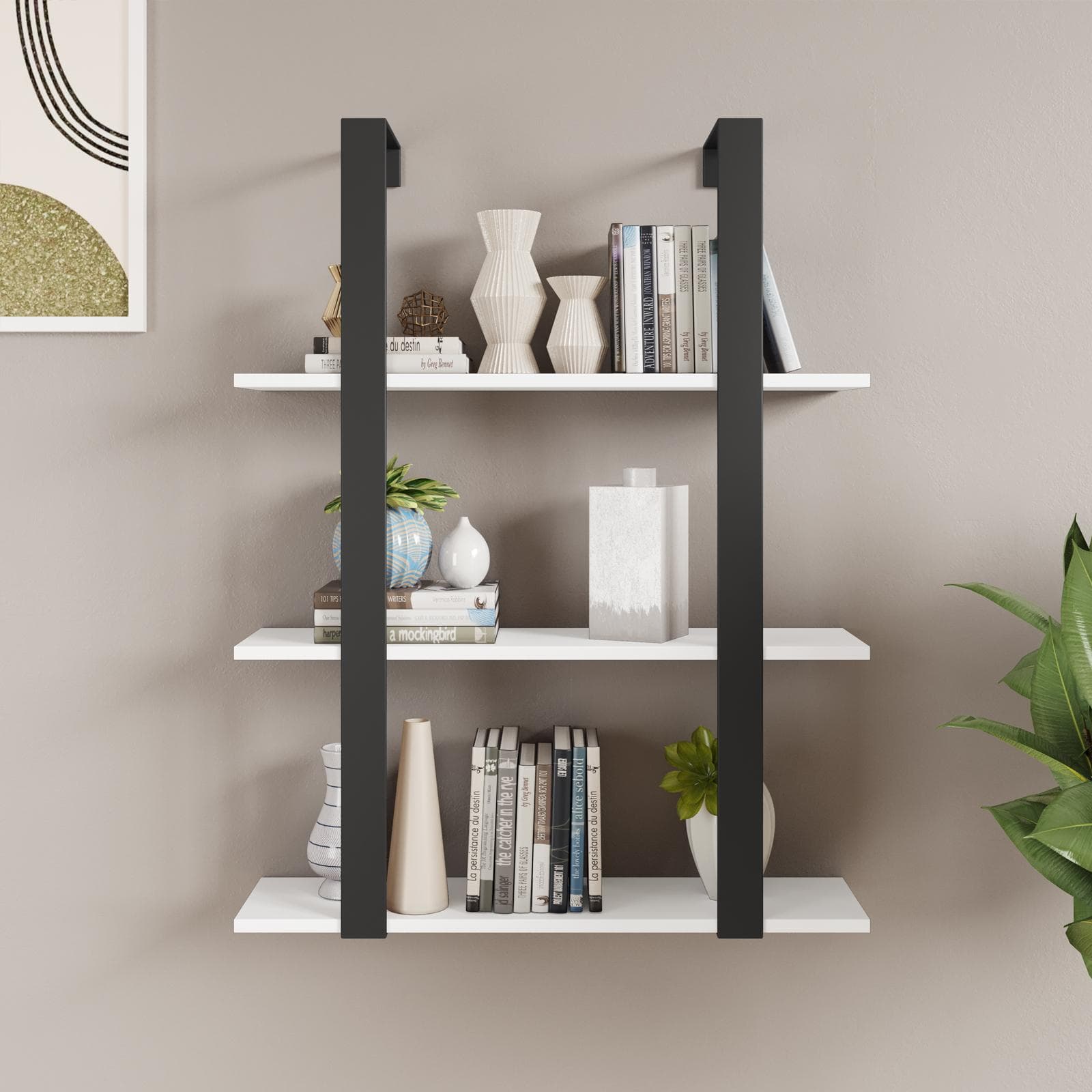 Libreria sospesa 70x90h cm in acciaio nero e mensole bianche - Multipla