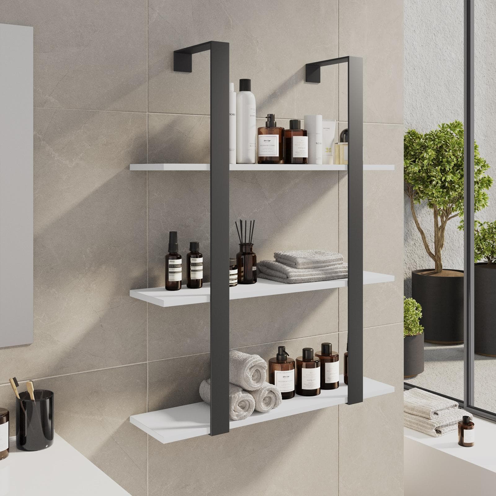 Mensola bagno 70x90 h cm in acciaio nero e mensole bianche - Multipla