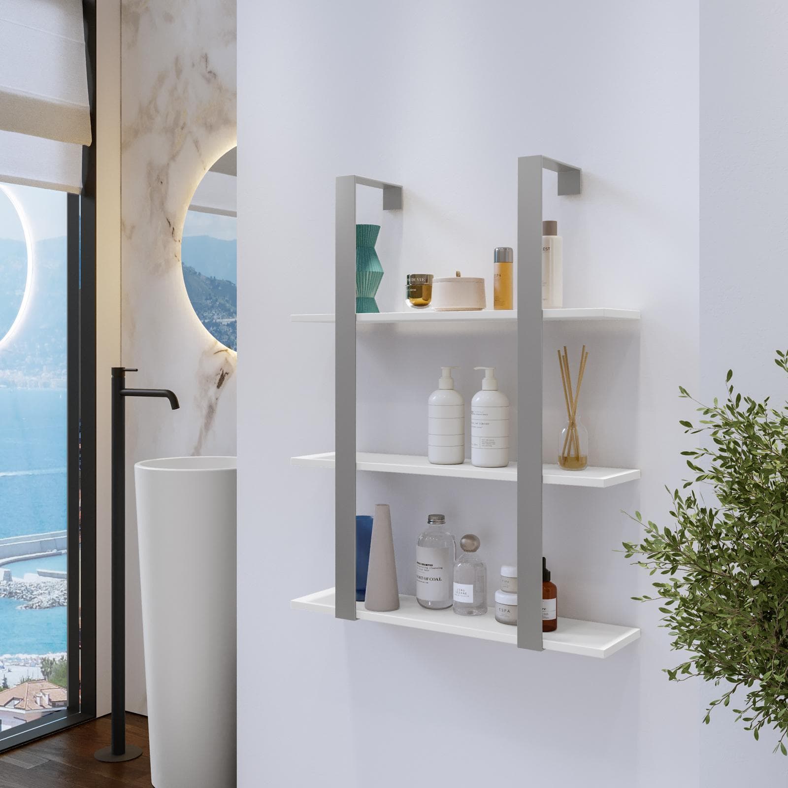 Mensola bagno 70x90 h cm in acciaio grigio e mensole bianche - Multipla